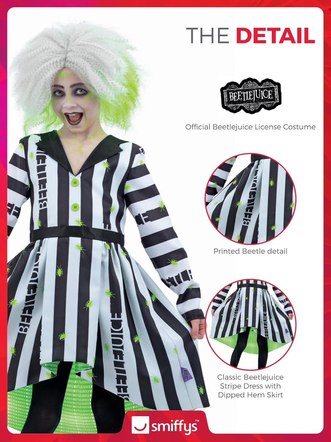 Detalle de Smiffys Beetlejuice Kinderkostüm – Offiziell lizenziertes Beetlejuice Stipe Kleid (Alter 4–6 Jahre)