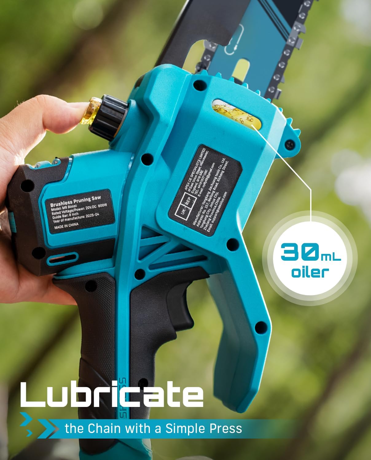 Detalle 2 de Seesii M8 Boost 8-Inch Cordless Mini Chainsaw with Brushless Motor