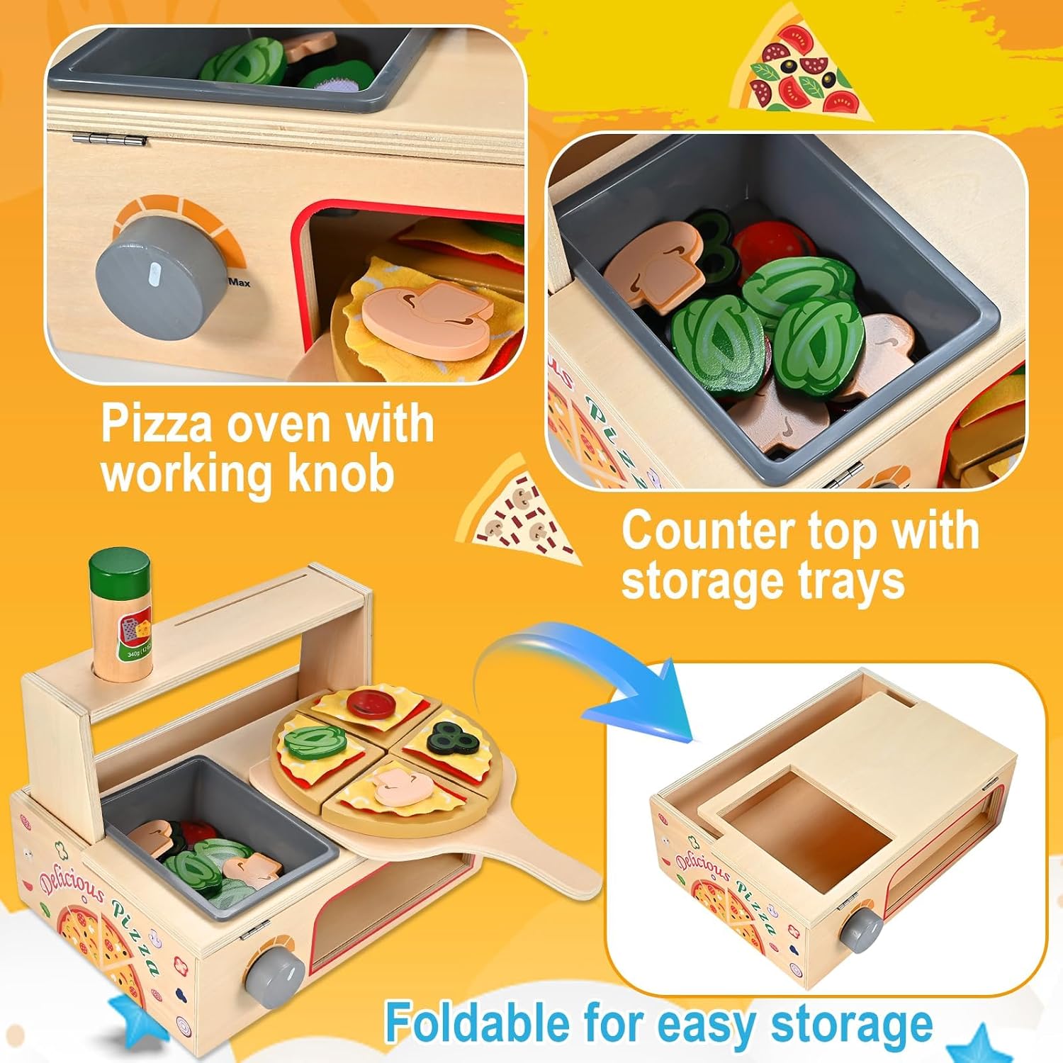 Thumbnail 2 de Wooderma 50-Piece Wooden Pizza Toy Set for Role Play, 3–7 Years