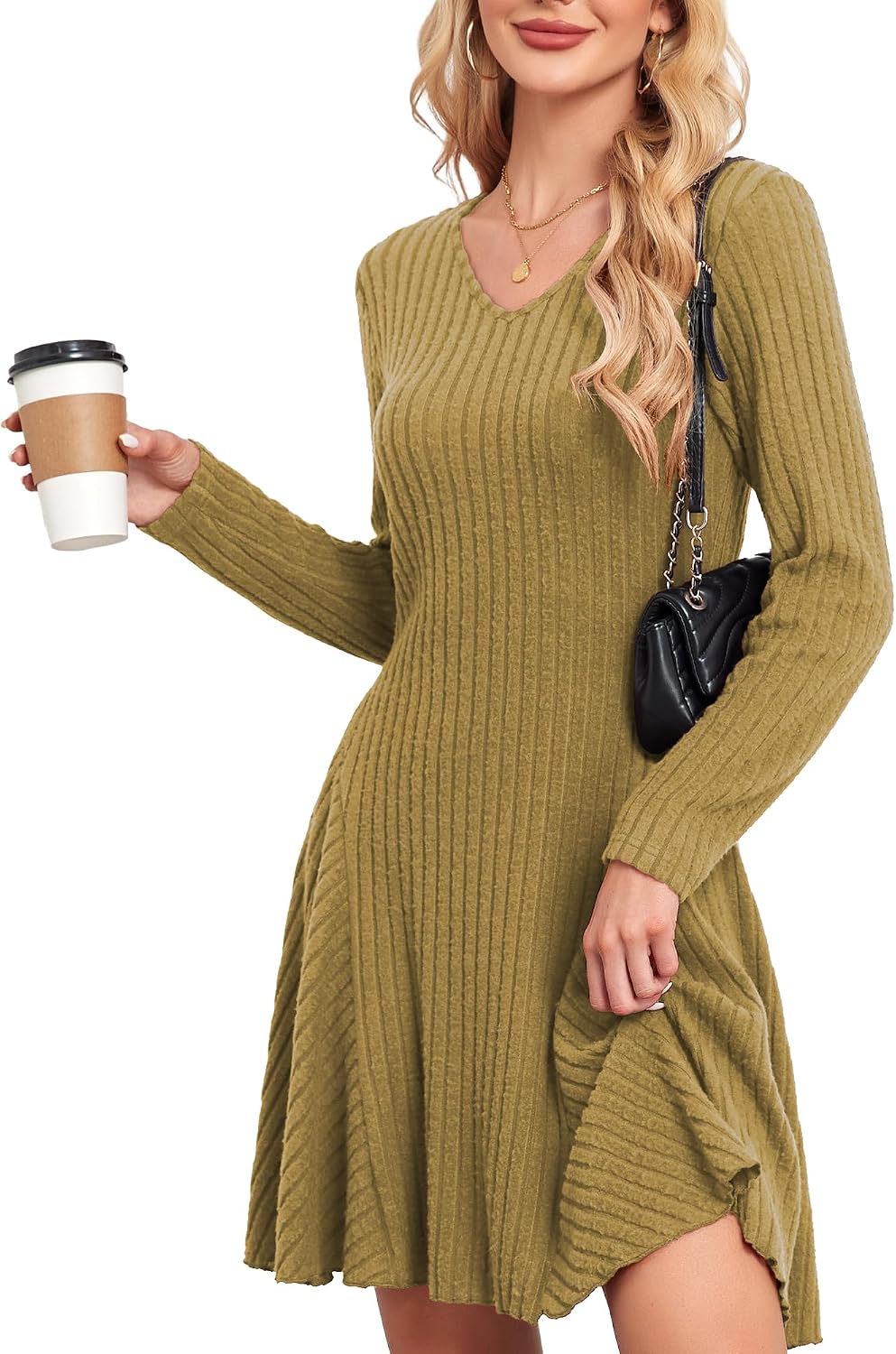 Detalle de Robe pull tricotée femme SENBATU à col en V et manches longues