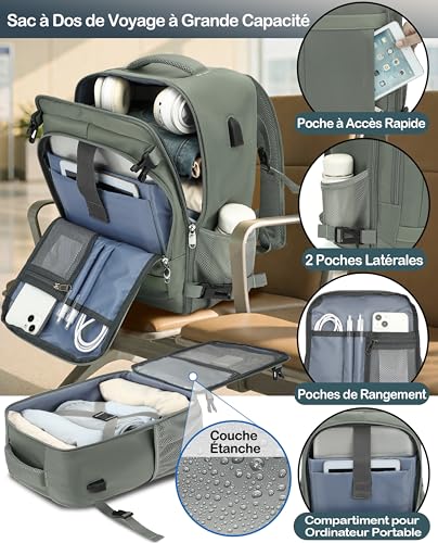 Detalle 2 de KLOSTAIN Sac à Dos Voyage Cabine Avion 45x36x20 cm – 30 L, 14" + Compartiment sécurisé, Vert