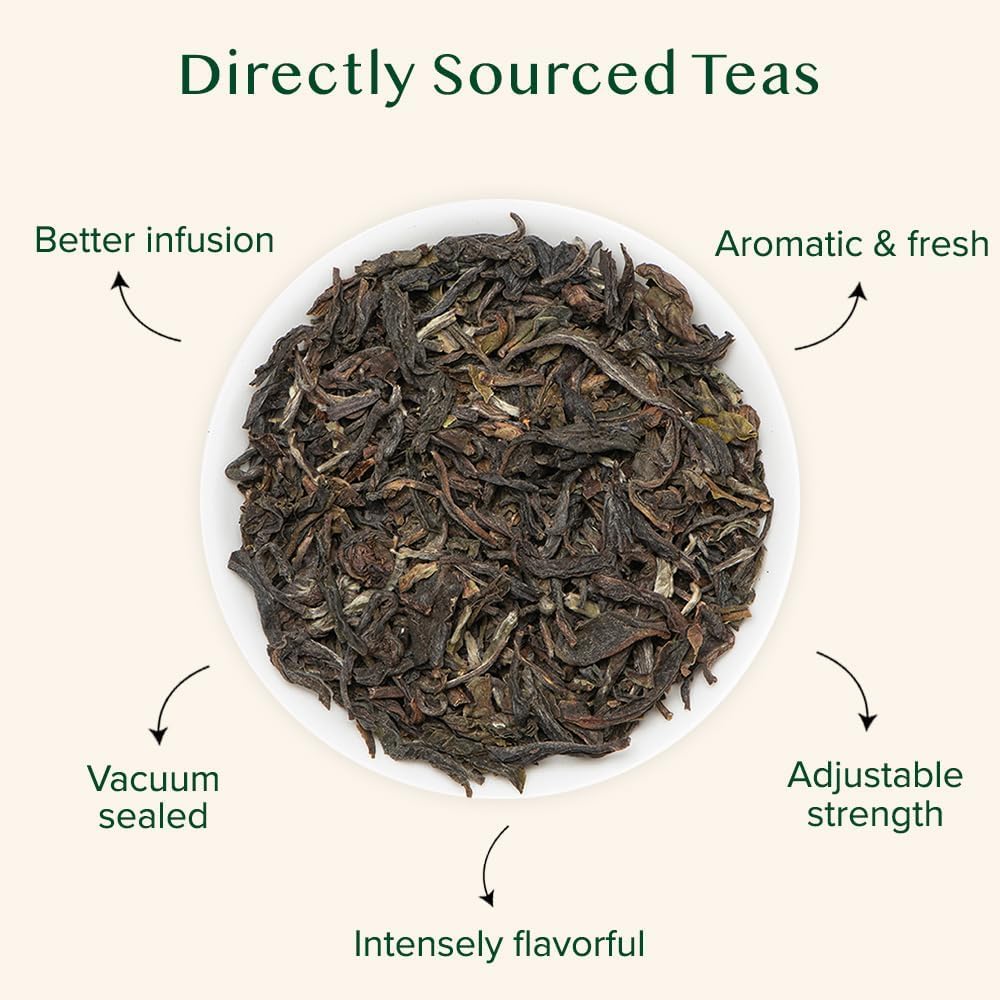 Detalle de VAHDAM Tè Nero First Flush Darjeeling, 50 tazze (100 g) — foglie sciolte dal profilo floreale