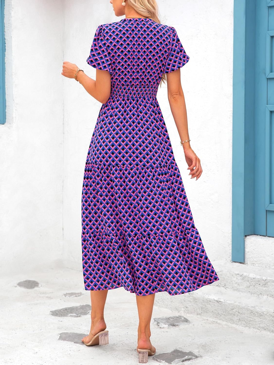 Thumbnail 6 de MASCOMODA Summer Maxi Dresses for Women (2026) Floral V-Neck Smocked Puff Sleeve Boho Long Dress