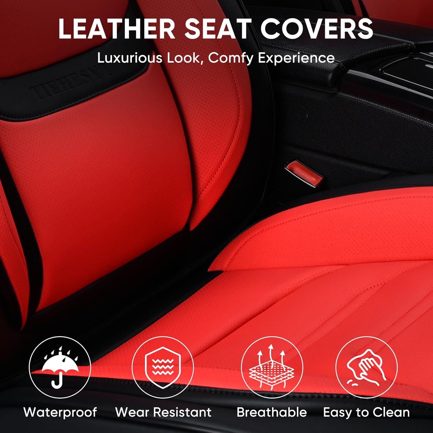 Thumbnail 5 de TIEHESYT Car Seat Covers Full Set (Black & Red) with Removable Headrest Support