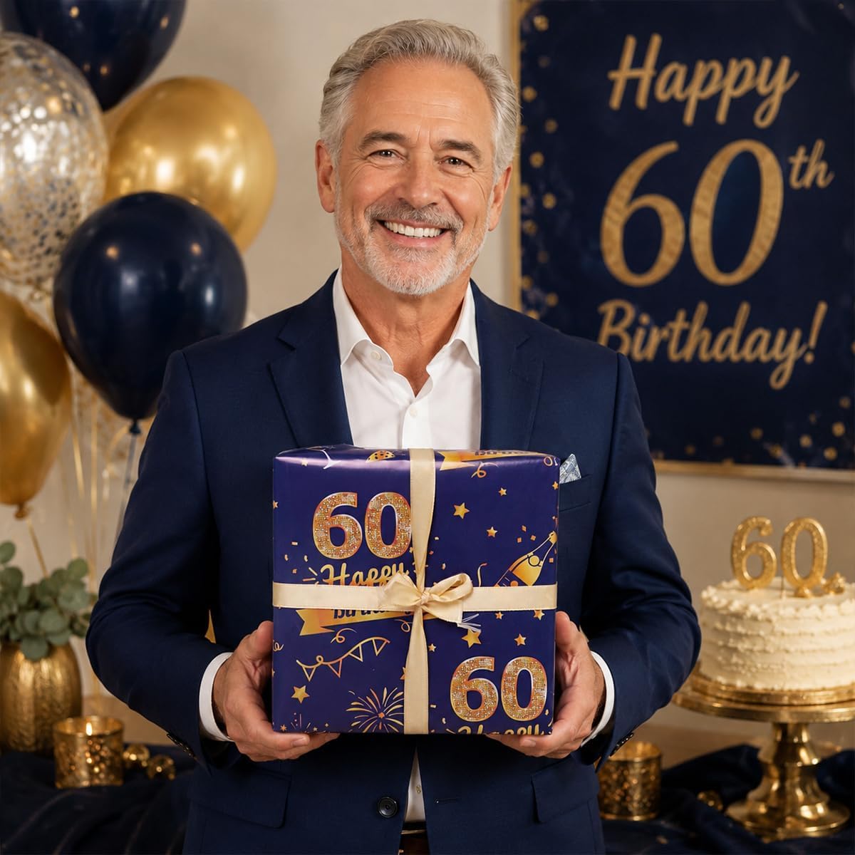 Thumbnail 6 de 60th Birthday Wrapping Paper Set with Tags & Ribbons (Blue & Gold)