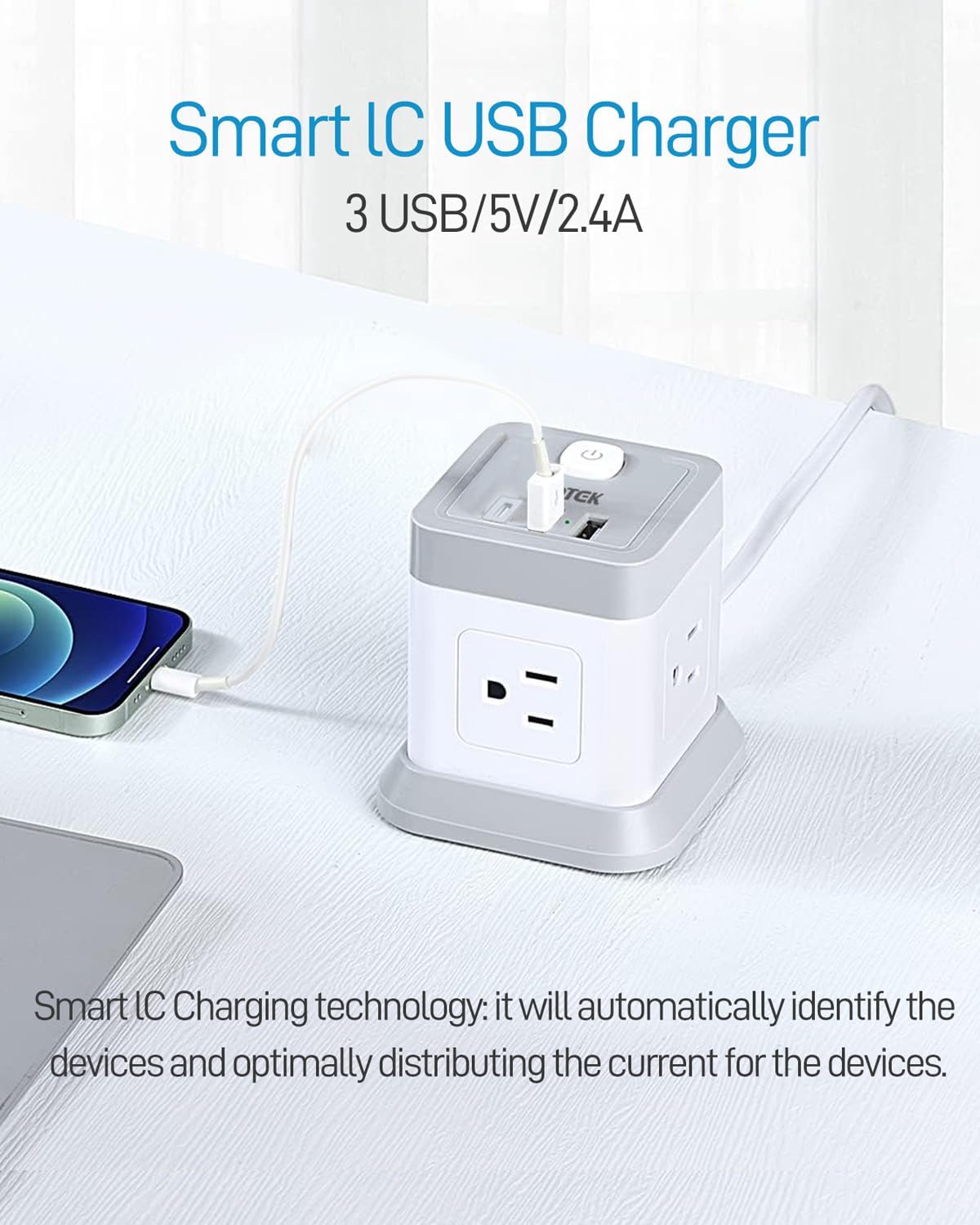 Detalle 2 de FDTEK Flat Plug Power Strip with USB (4 AC Outlets, 3 USB including USB-C) and Overload Protection, 5 ft