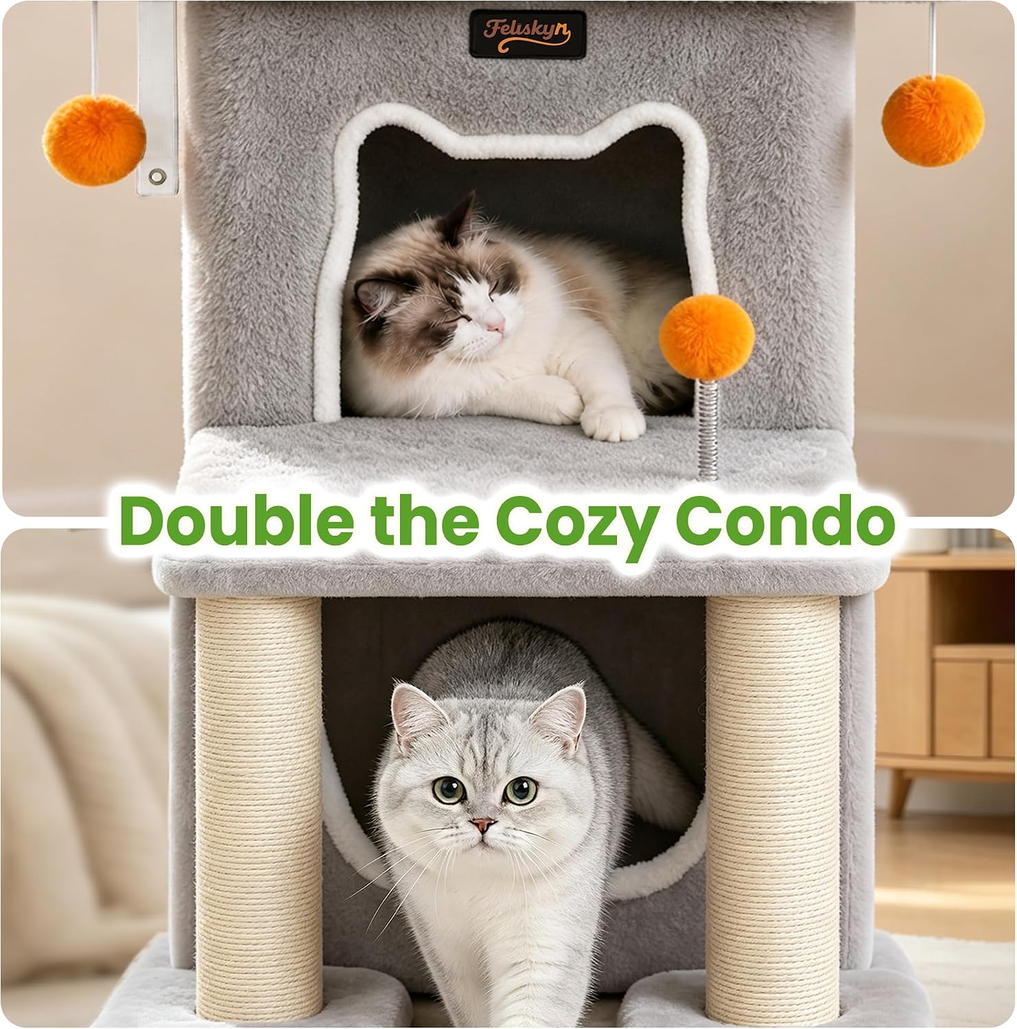 Detalle de Feliskyn 29-Inch Cat Tree with Two Condos, Sisal Scratching Posts and Perch