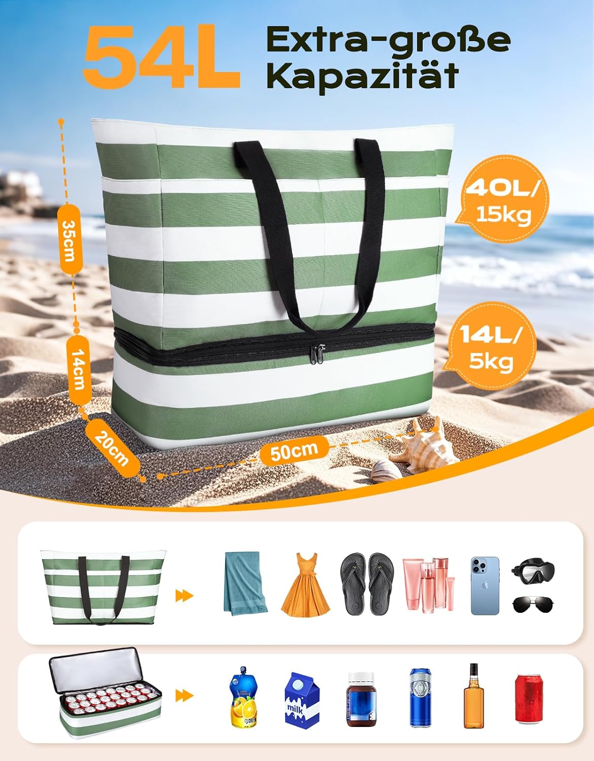 Detalle de CIRYCASE Strandtasche XXL Familie mit Kühlfach – 54L, 2-in-1, wasserfest und faltbar