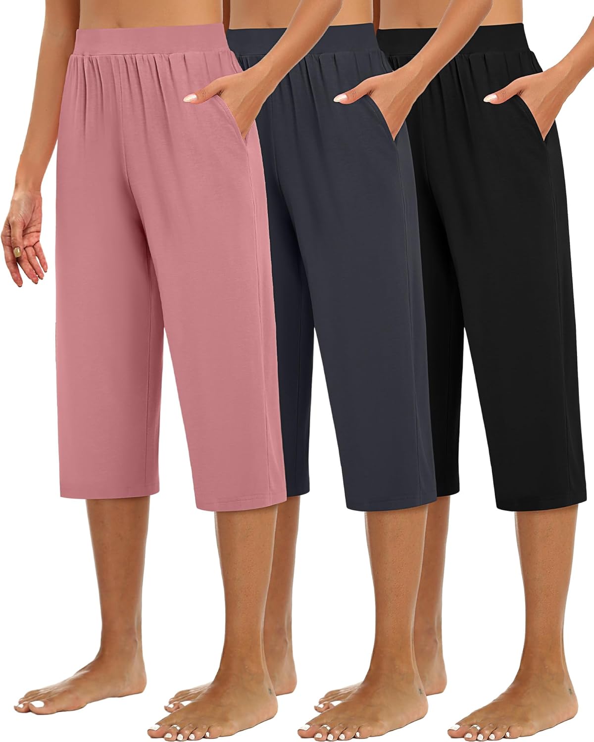 Detalle de Huukeay 3 Pack Women's Capri Sweatpants: Cozy Wide-Leg Cropped Capris with Pockets
