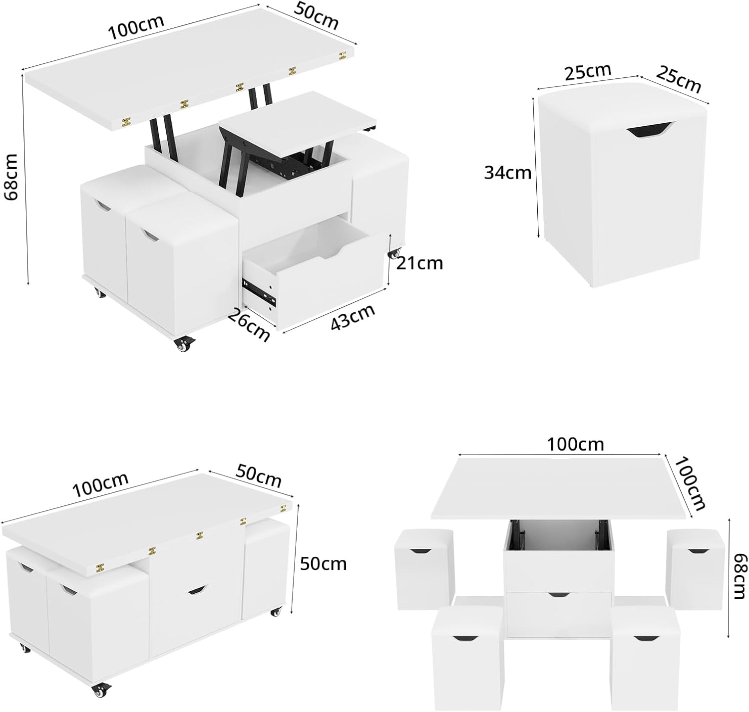 Detalle de VOWNER Table Basse Relevable 3 en 1 avec tiroir et 4 tabourets (blanc) — transformable en table à manger