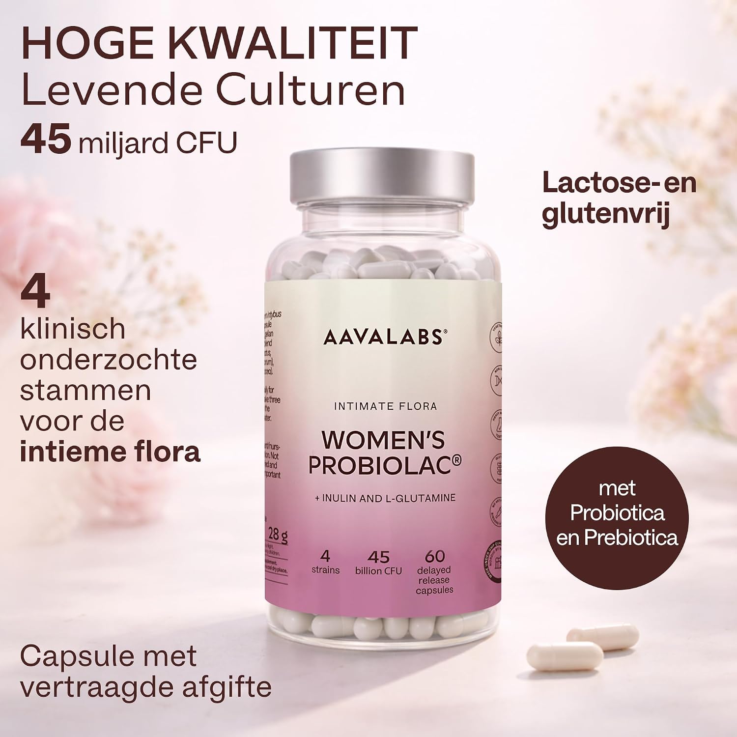 Detalle 2 de AAVALABS Women Probiolac probioticacapsules met 4 bacteriestammen en inuline
