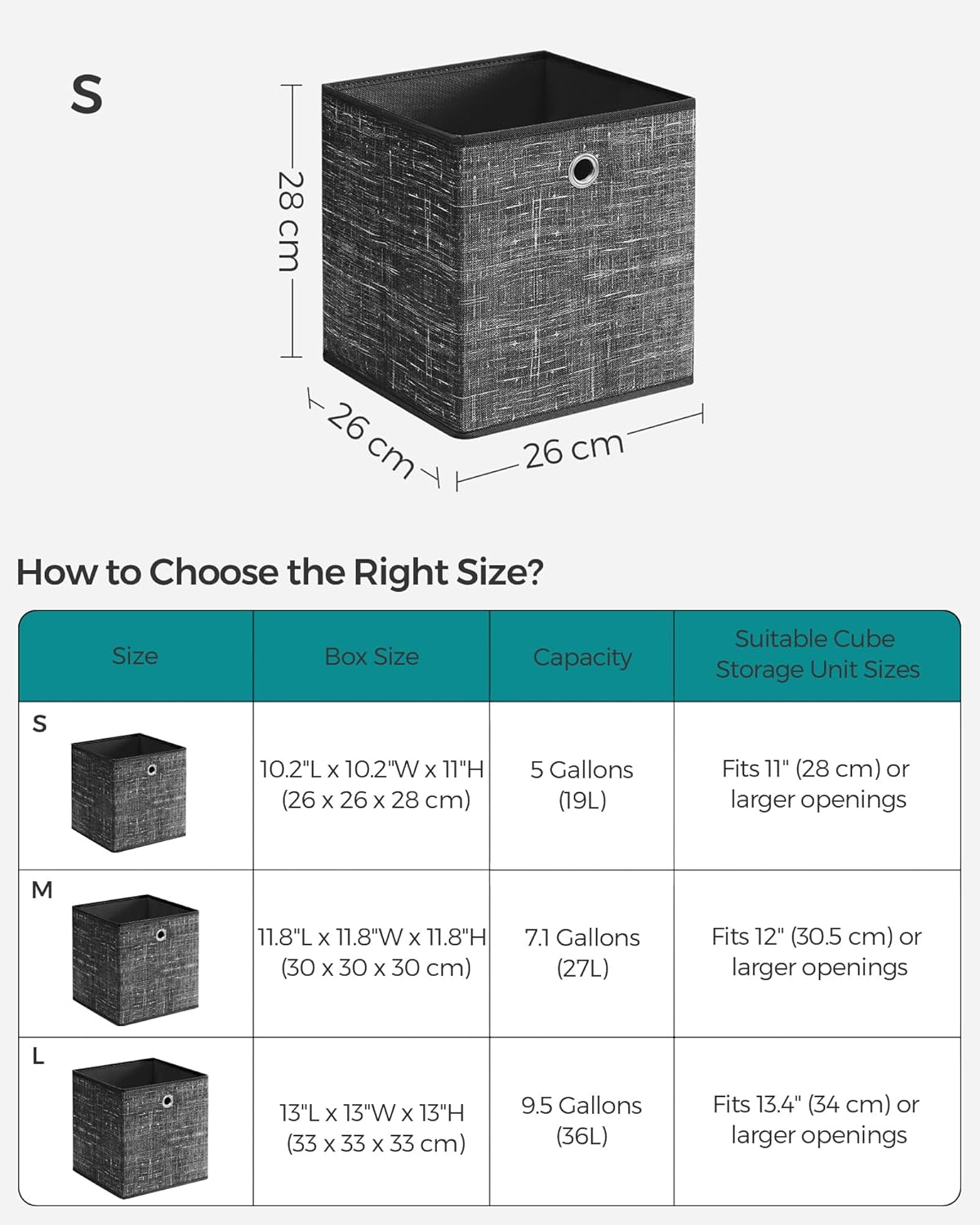 Detalle 2 de SONGMICS Storage Boxes Set of 6: Non-Woven Fabric Cube Boxes with Handles, 26 x 26 x 28 cm (Heathered Black) RFB026B01