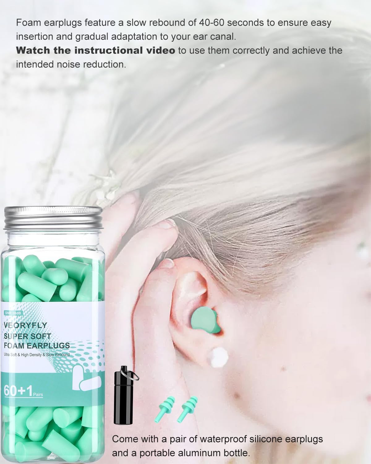 Detalle de VeoryFly SA-7-5 Foam Earplugs, 38 dB SNR, 61 Pairs with Case