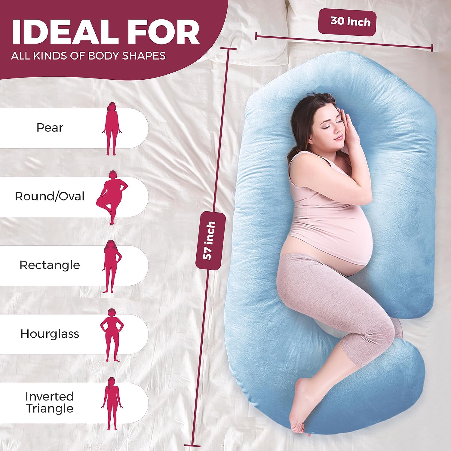 Detalle de PILLANI 57-Inch Pregnancy Pillow, U/V/C Full-Body Support with Washable Cover