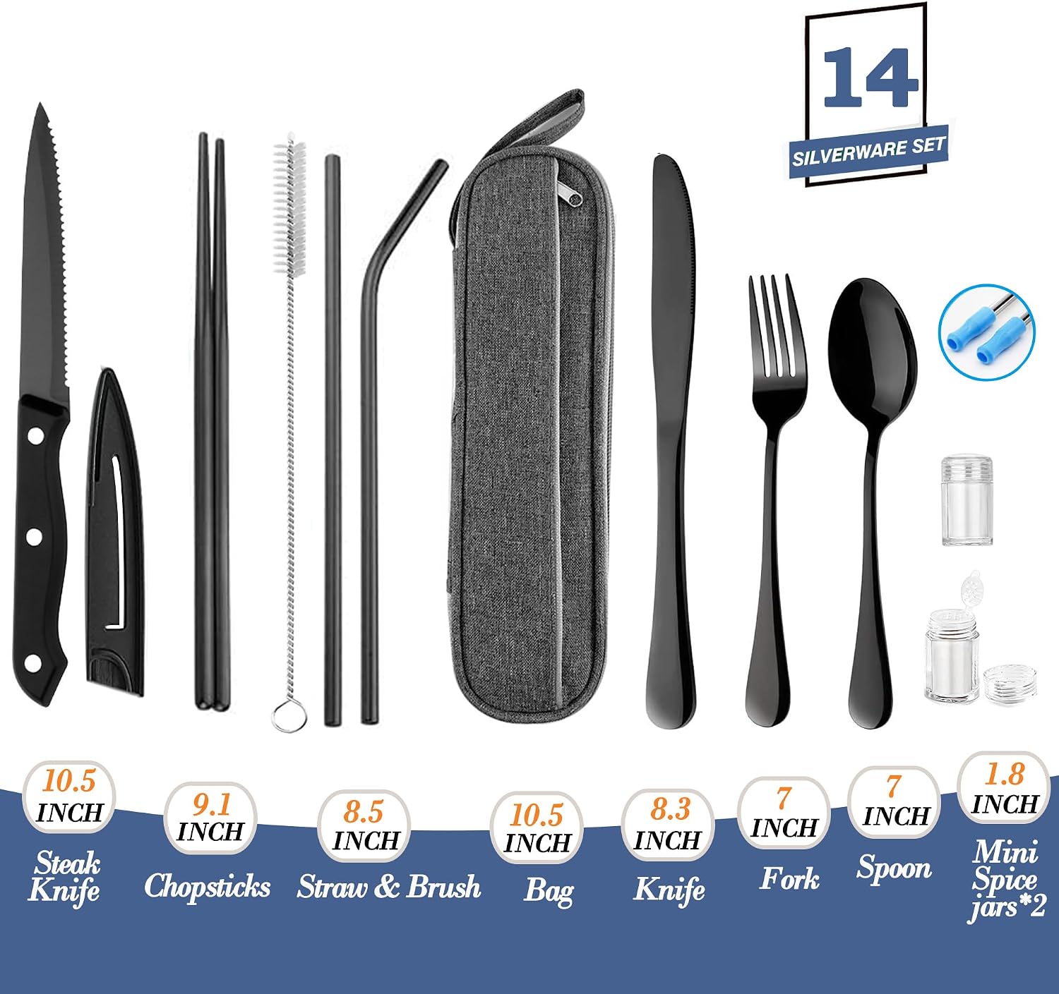 Thumbnail 1 de Hommaly Black Stainless Steel Travel Utensil Set with Case, Chopsticks & Straws
