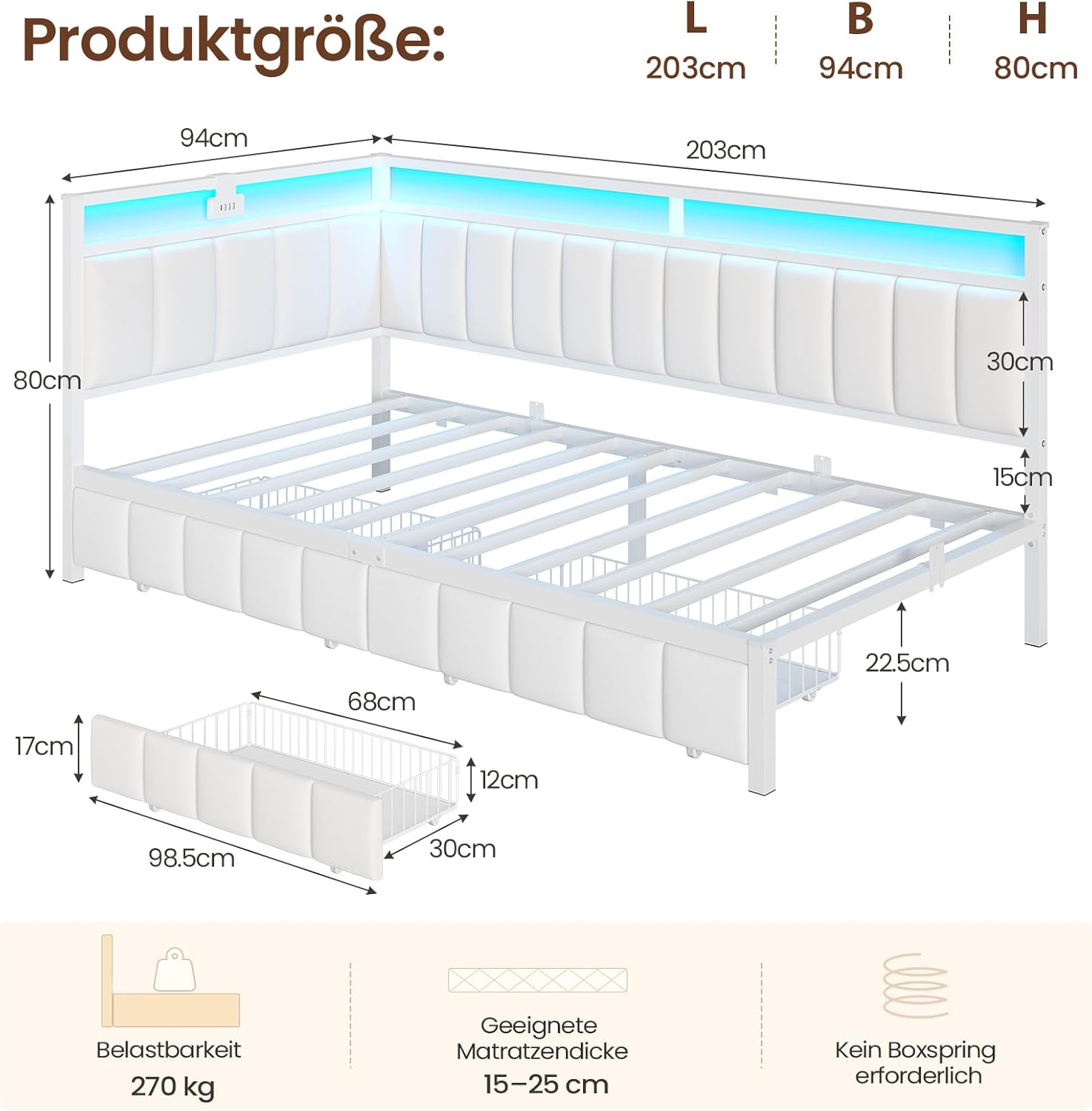 Detalle 2 de DICTAC Jugendbett 90x200 mit LED-Beleuchtung und USB-Ladestation – Schlafsofa, Eckdesign aus Metall mit zwei Schubladen