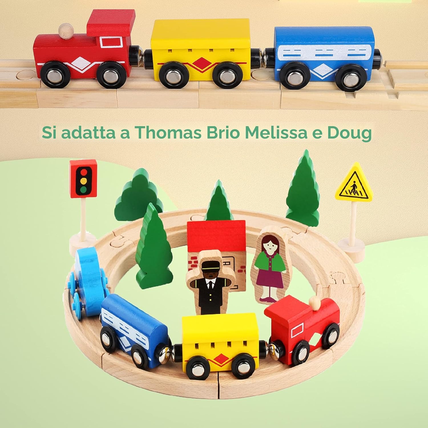 Detalle de Giocattolo per ferrovia in legno da 33 pezzi per bambini – compatibile con Thomas, Brio e altre marche
