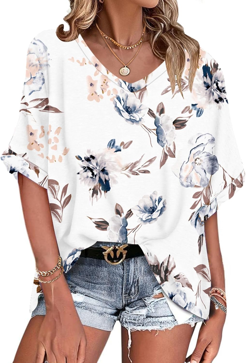 Thumbnail 6 de WNEEDU Tee Shirt Oversize Femme Col V – Haut été décontracté, manches courtes, grande taille