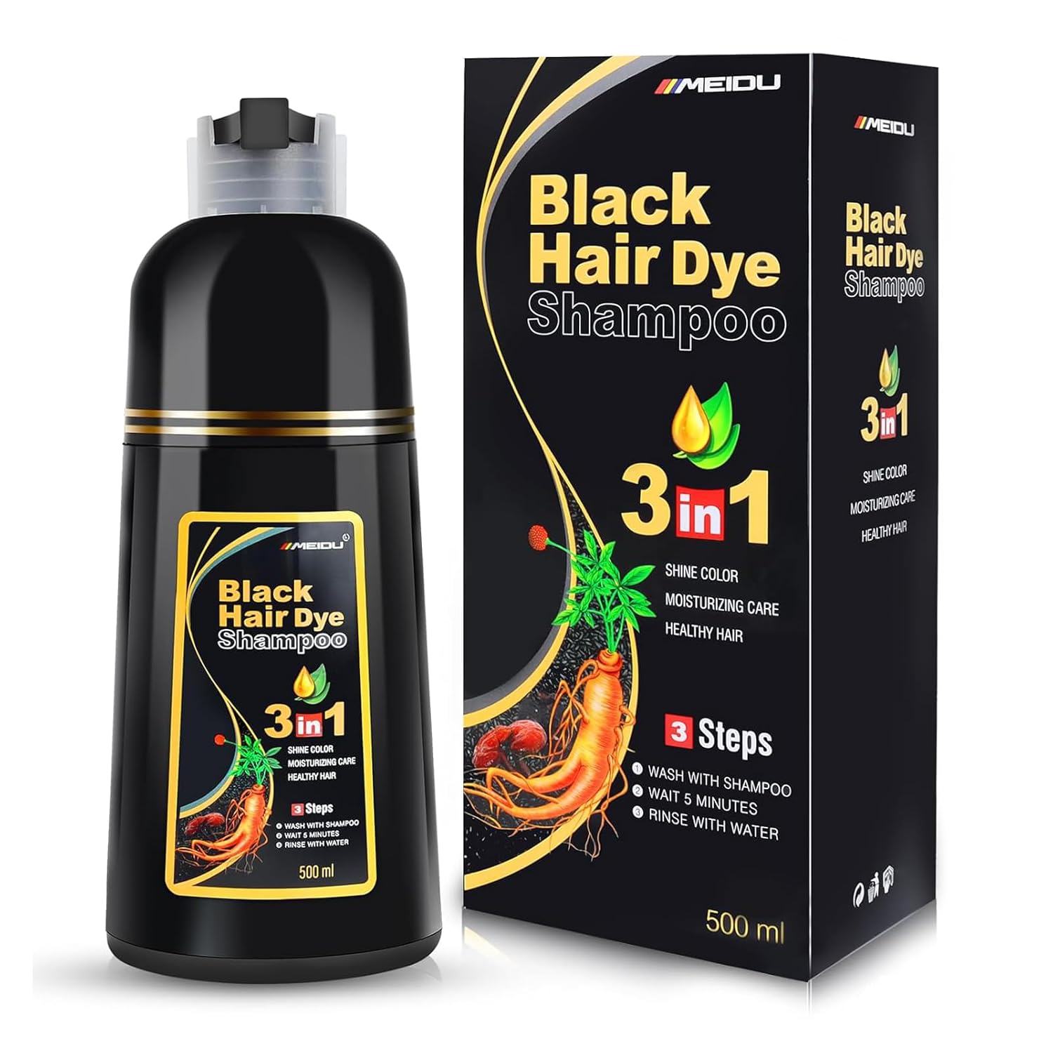 IIIMEIDU Black Hair Dye Shampoo 3-in-1 for Gray Hair (Herbal) 500ml