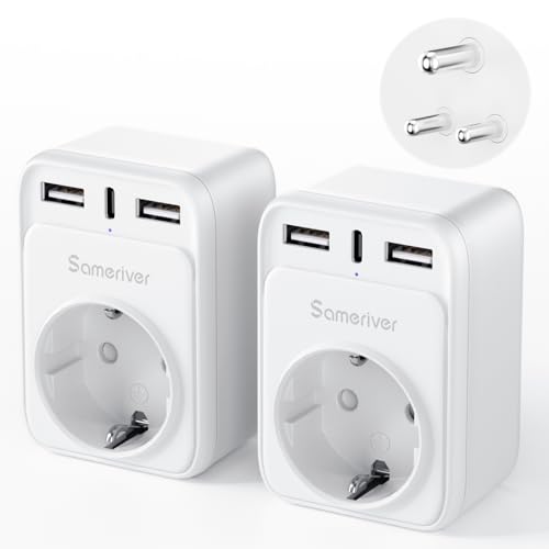 Detalle de Sameriver Reiseadapter Indien – 4-in-1 Reise-Steckdosenadapter mit USB (2x USB-A, 1x USB-C) und Typ-D Anschluss
