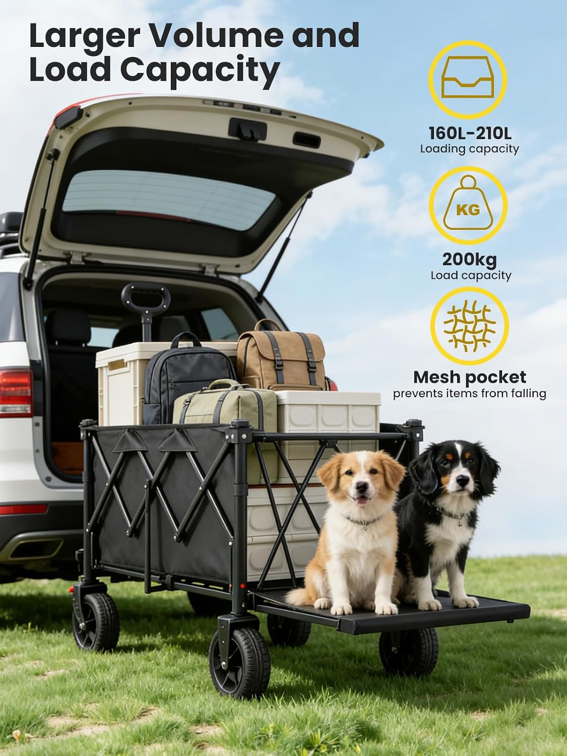 Detalle 2 de YEAUPE PRO Festival Trolley on Wheels 160L–210L Folding Wagon (Rear-opening, wide 7-inch wheels, adjustable handle)