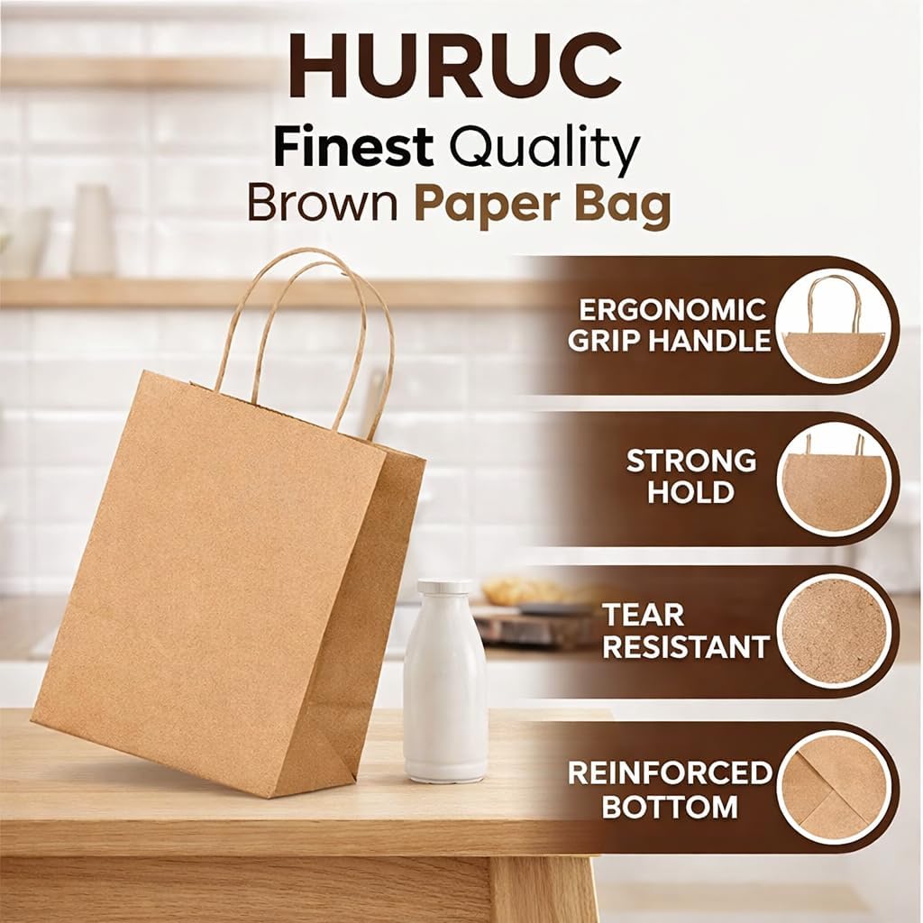 Thumbnail 4 de HURUC 100 pcs Brown Paper Bags with Handles (130GSM kraft), small gift carrier bags for parties & everyday use (18x24x8cm)