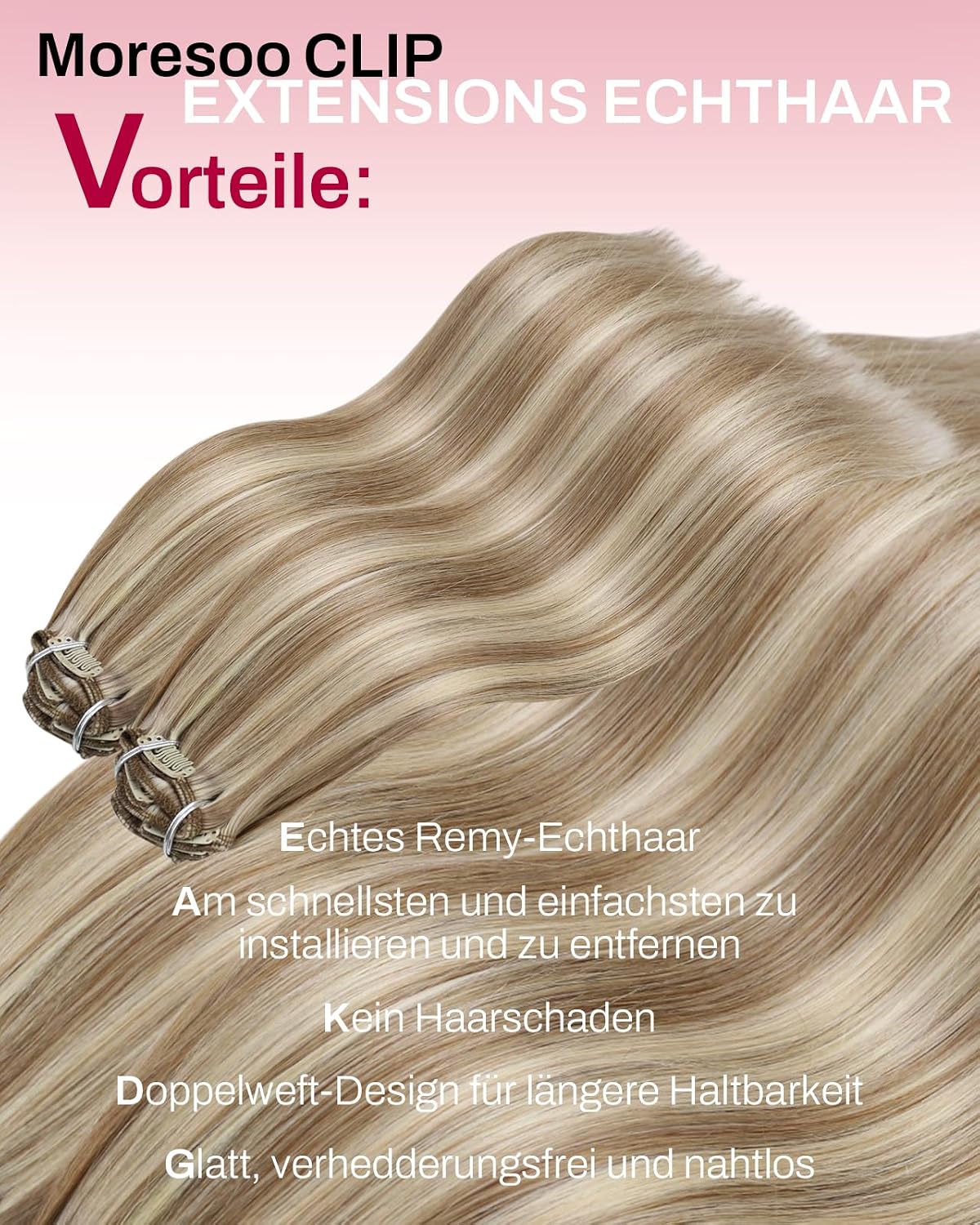 Detalle de Moresoo Clip-in Extensions Echthaar – 50 cm, 7 Stück, 120 g