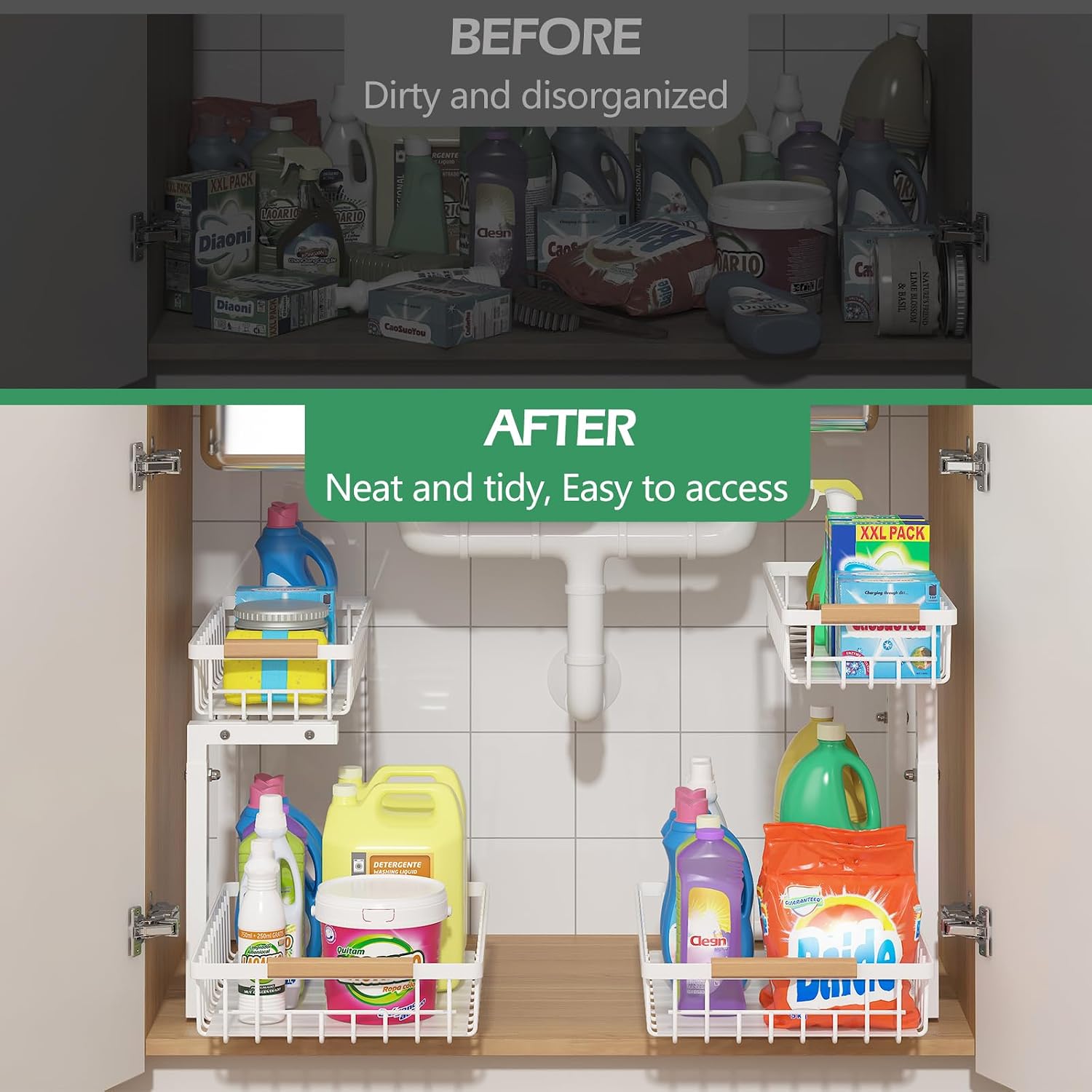 Detalle 2 de ADRIMER AR0106A2-FCA Under-Sink Organizer 2-Pack, Adjustable Pull-Out Shelves