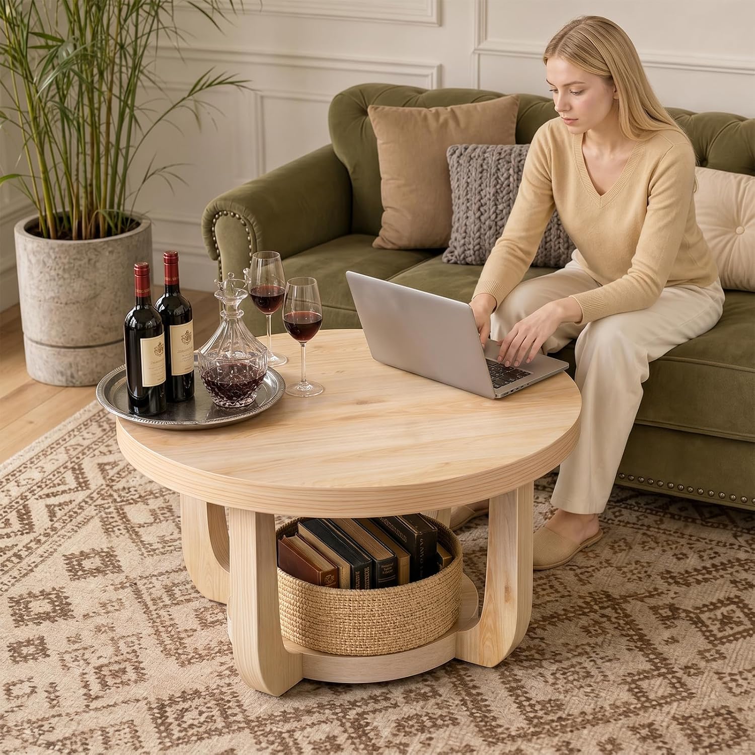 Detalle 2 de BEROXII Round Coffee Table, 2-Tier Storage, Nature Finish