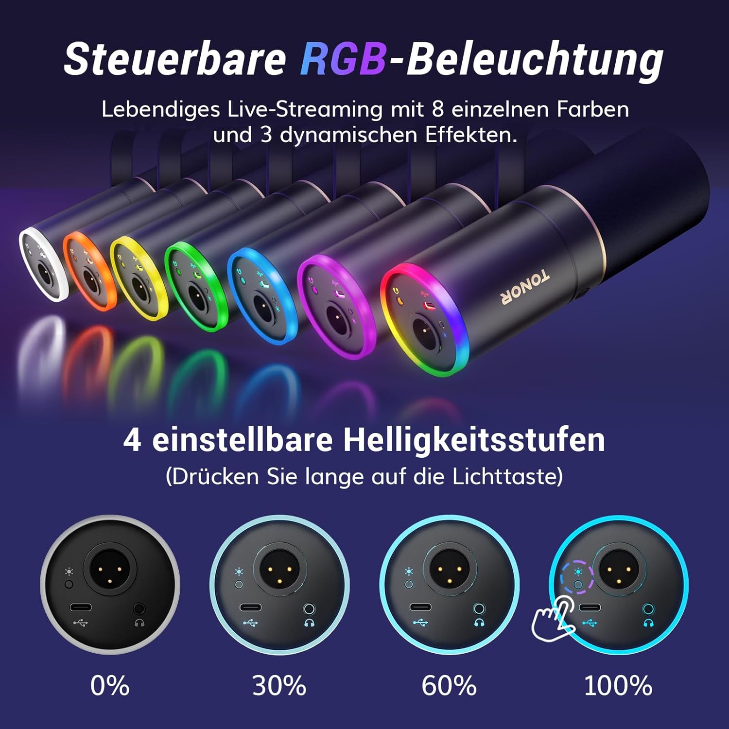 Thumbnail 2 de TONOR TD520S dynamisches Mikrofon mit XLR/USB für Streaming, Gaming & Studio, inkl. 200-cm-Kabel und RGB-Ständer