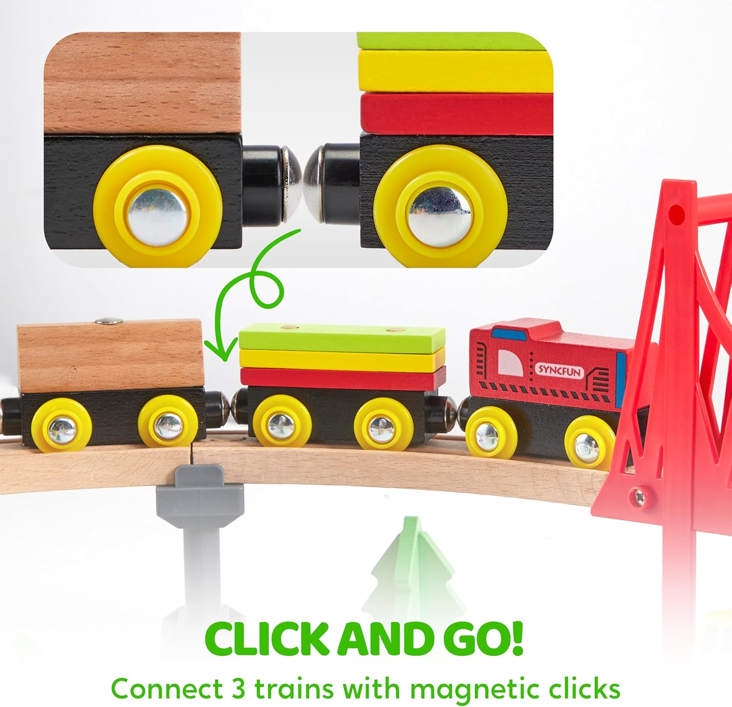 Detalle de SYNCFUN 60-piece Montessori wooden train set with magnetic crane