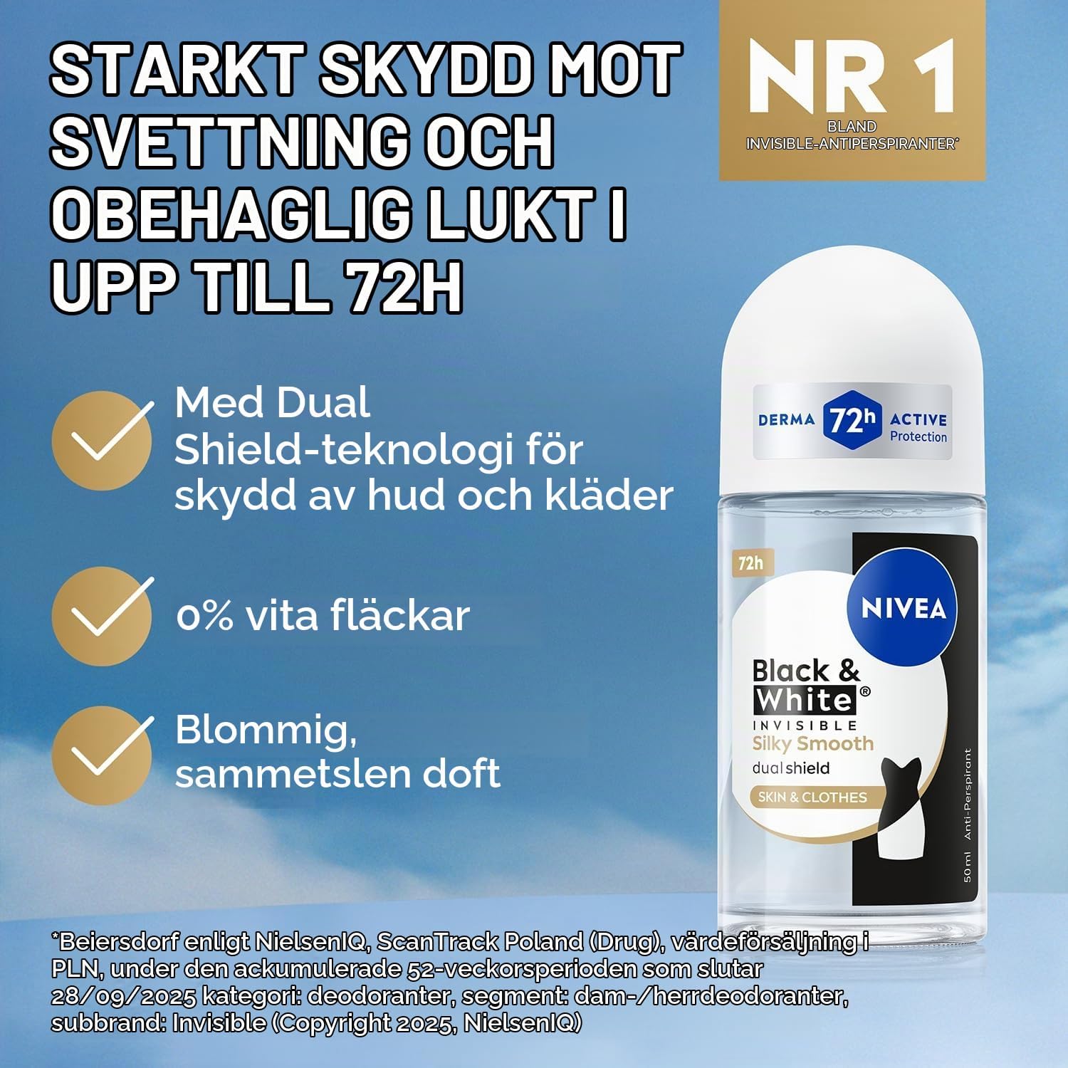 Detalle 2 de NIVEA Black & White Silky Smooth antiperspirant roll-on, 72 h, 50 ml