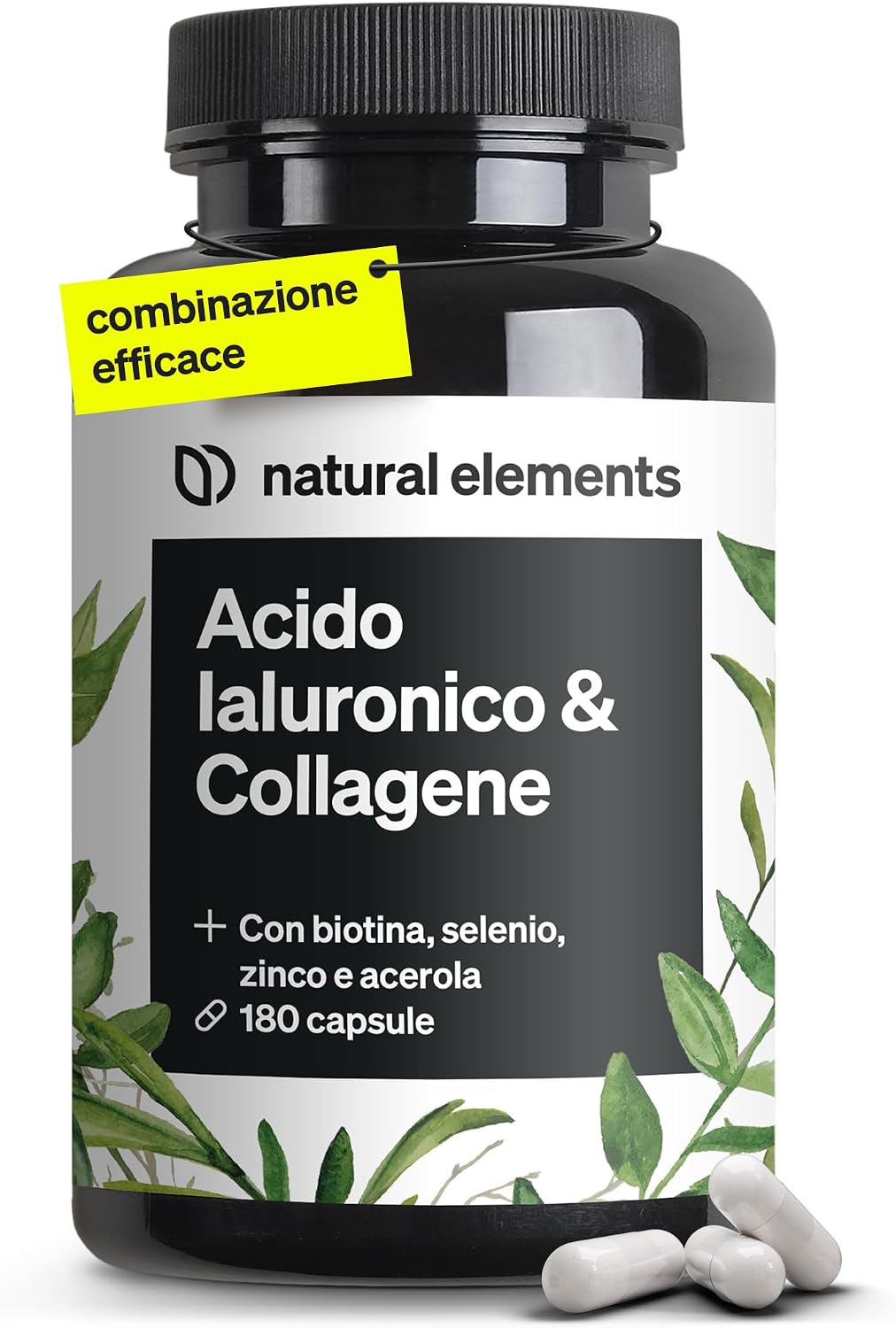 Detalle de Natural Elements Collagene e Acido Ialuronico Integratore da 180 capsule con Vitamina C e Biotina