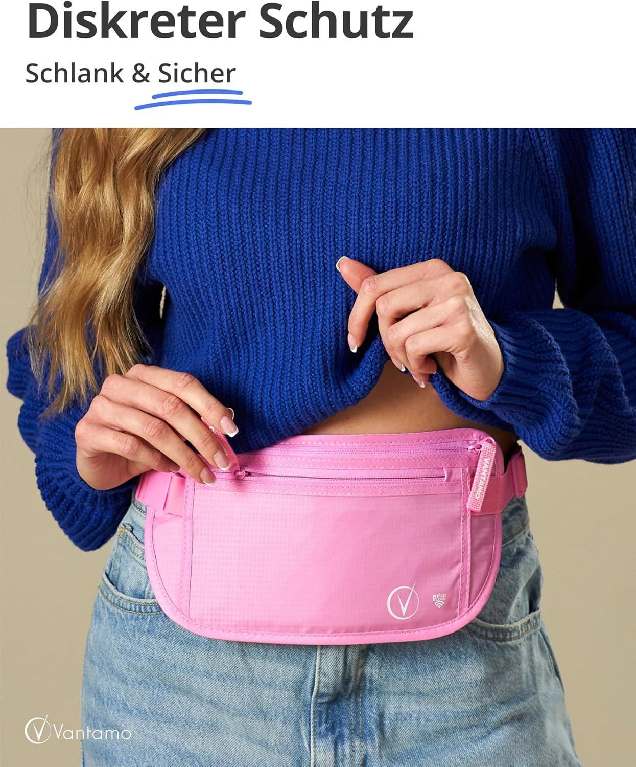 Thumbnail 1 de Vantamo Bauchtasche Damen/Herren ultraflach mit RFID-Schutz – Gürteltasche für Reisen, Laufen & Wandern, 2 Fächer