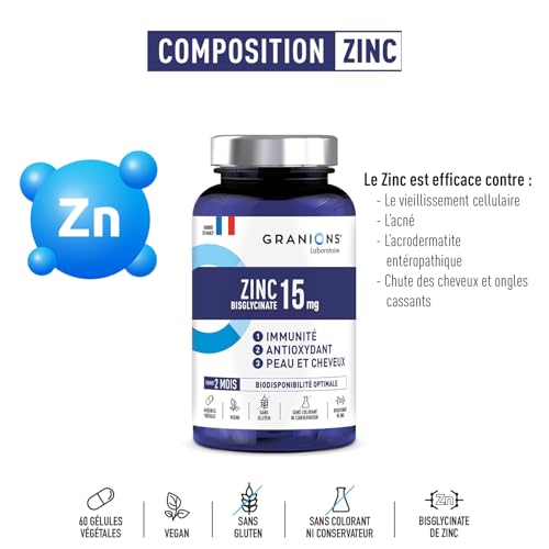 Detalle de Granions Zinc Bisglycinate – Immunité et Antioxydant, 60 gélules