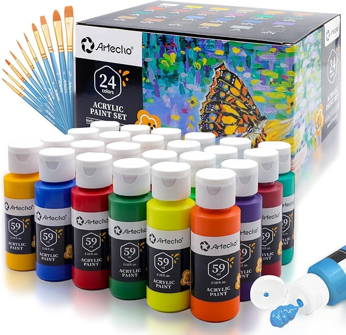 Artecho Set de Pinturas Acrílicas 24x59ml y Pinceles 🎨
