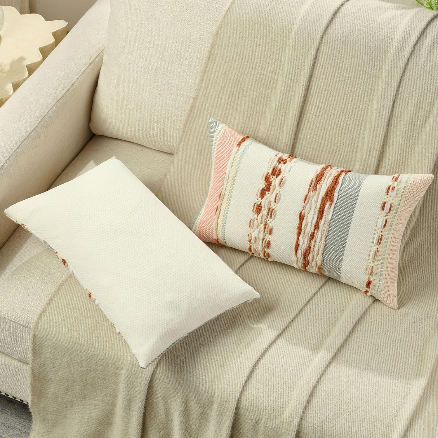 Detalle de Ystyle Lot de 2 Housses de Coussin Boho 30x50 – rayures texturées, daim chenille, lot 2