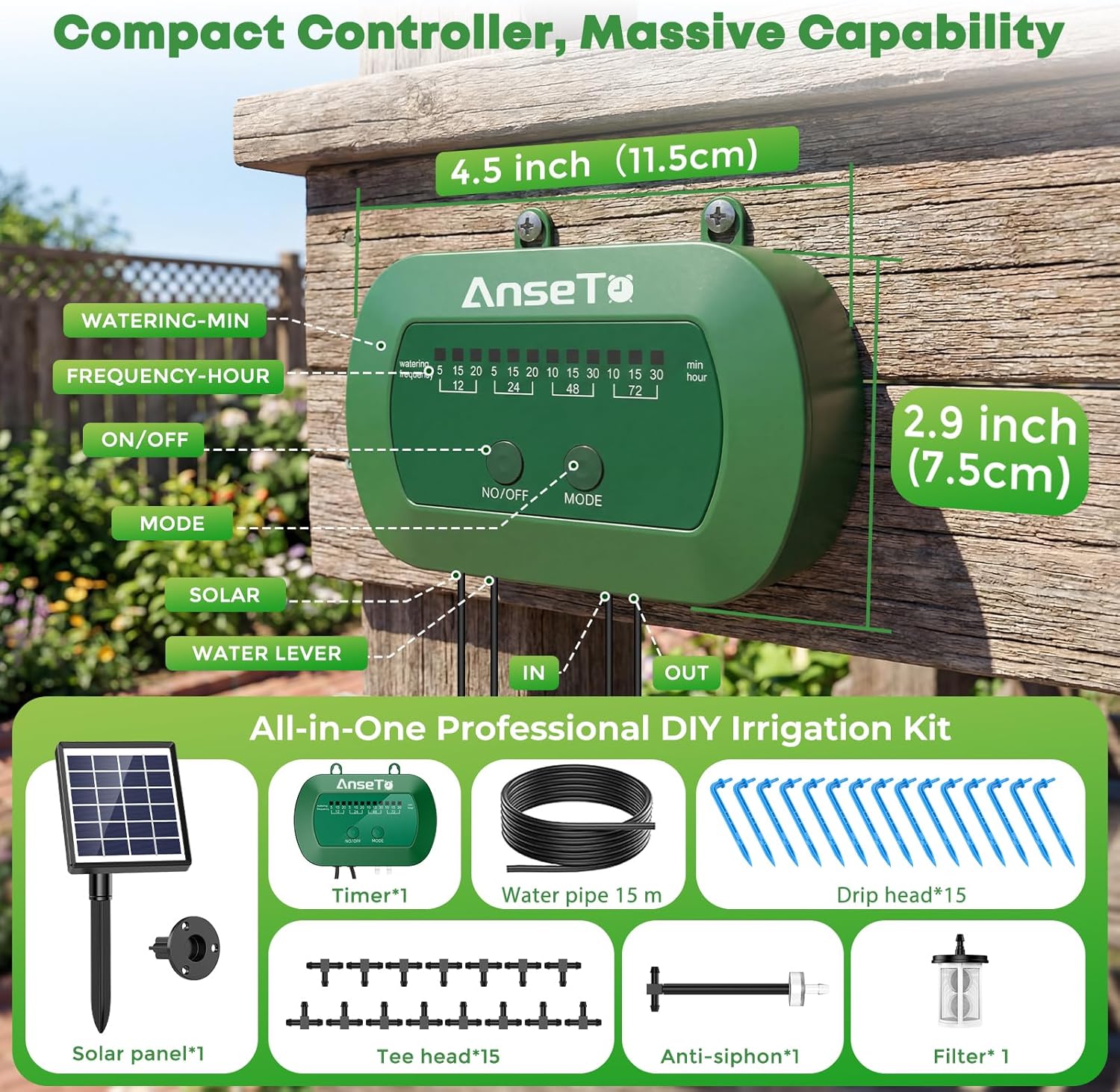 Detalle 2 de AnseTo kit irrigazione automatica a goccia con energia solare e 12 modalità