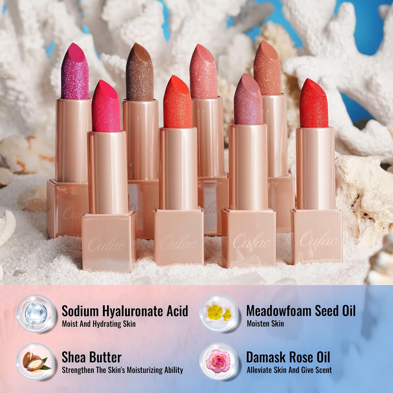 Detalle de OULAC Infinite Moisture Shine Rossetto idratante lucido con glitter corallo Sunrise (04)