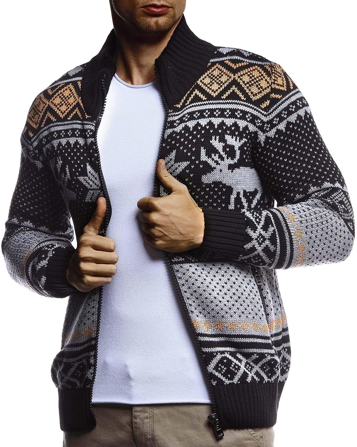 Detalle de Leif Nelson LN20759 Veste en tricot avec col montant pour homme – Grosse maille, motif norvégien
