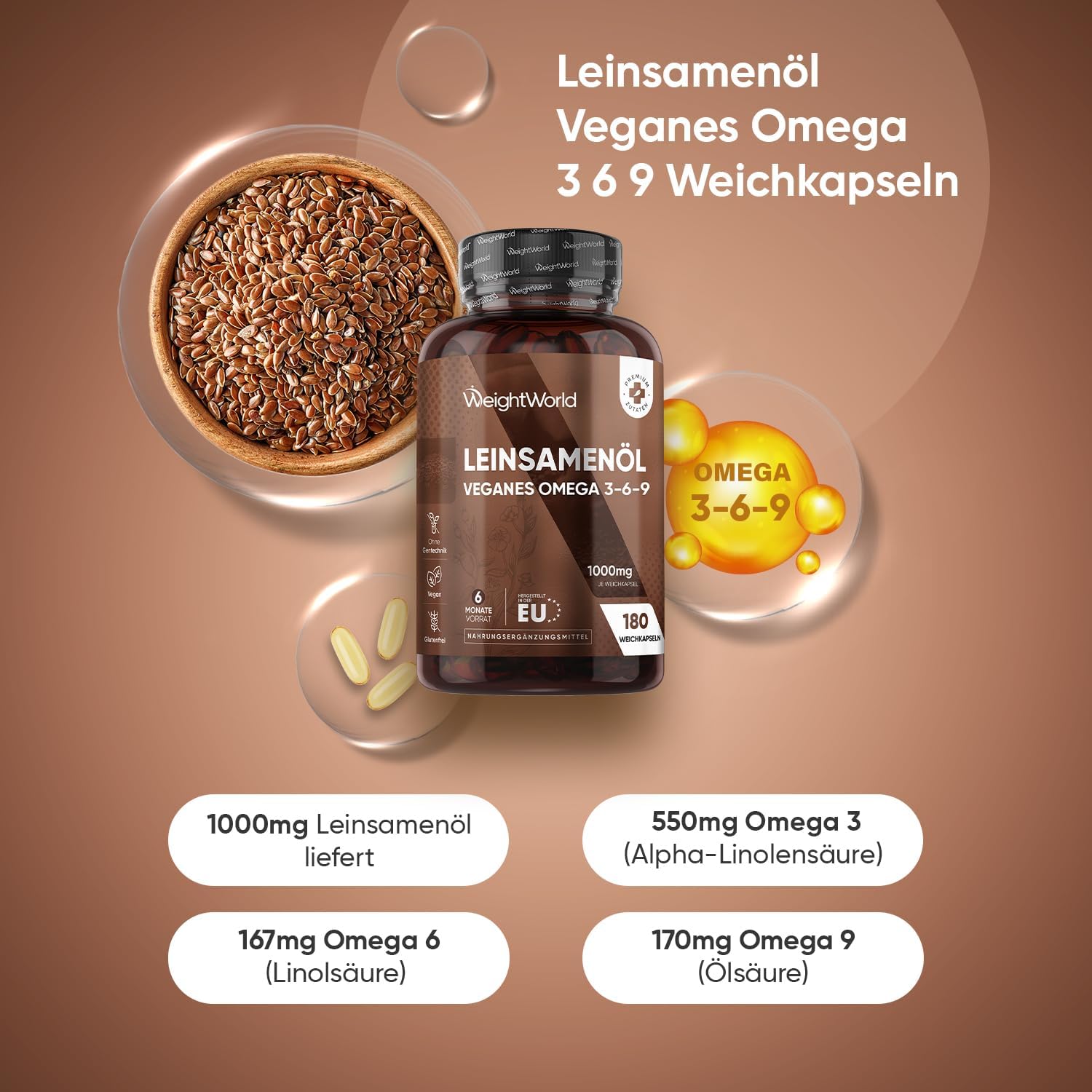Detalle 2 de Omega 3-6-9 Vegan Weichkapseln aus Leinsamenöl – 180 Stück, 1000 mg pro Kapsel