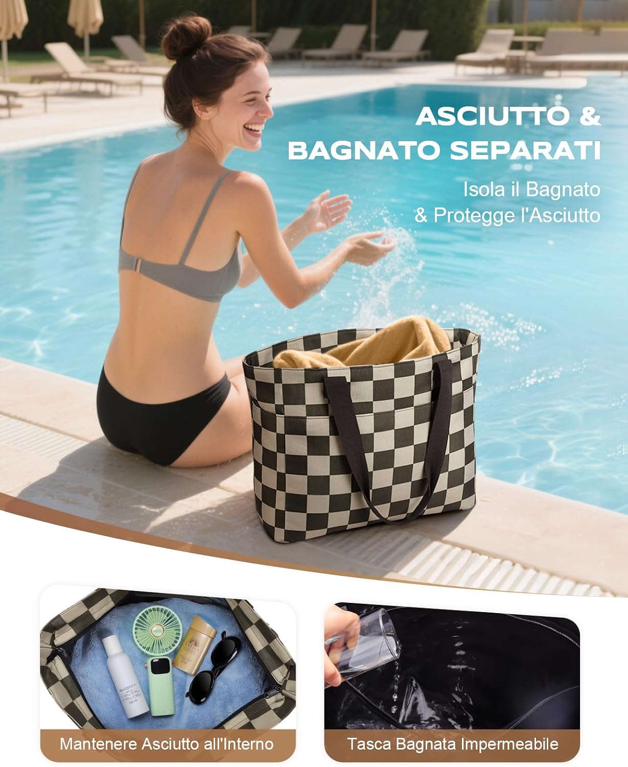 Detalle de EOIWUY Borsa Mare Donna Grande 35L: borsa spiaggia impermeabile, antiscivolo e pieghevole, XXL con scomparto bagnato