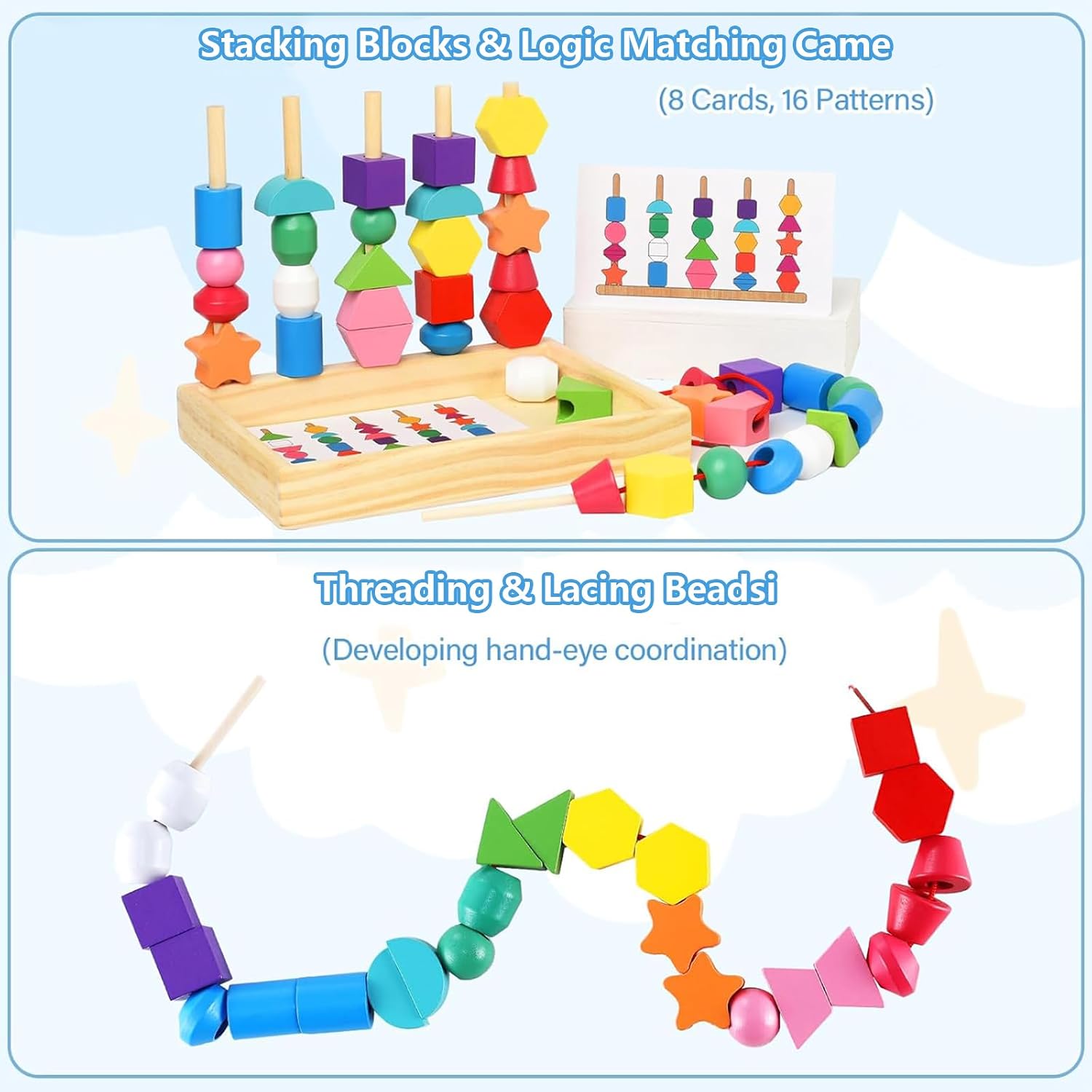 Detalle 2 de Guopai Montessori Spielzeug ab 2-4 Jahren – Fädel- und Steckspiel aus Holz mit Aufbewahrungsbox