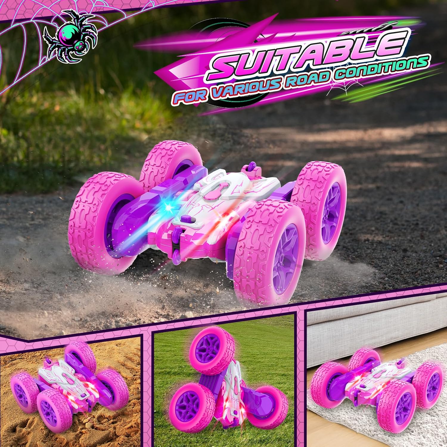 Detalle de Auto Telecomando LED 2.4GHz 360° Flips RC Monster Truck – Gioco Esterno per Ragazze 3–12 anni