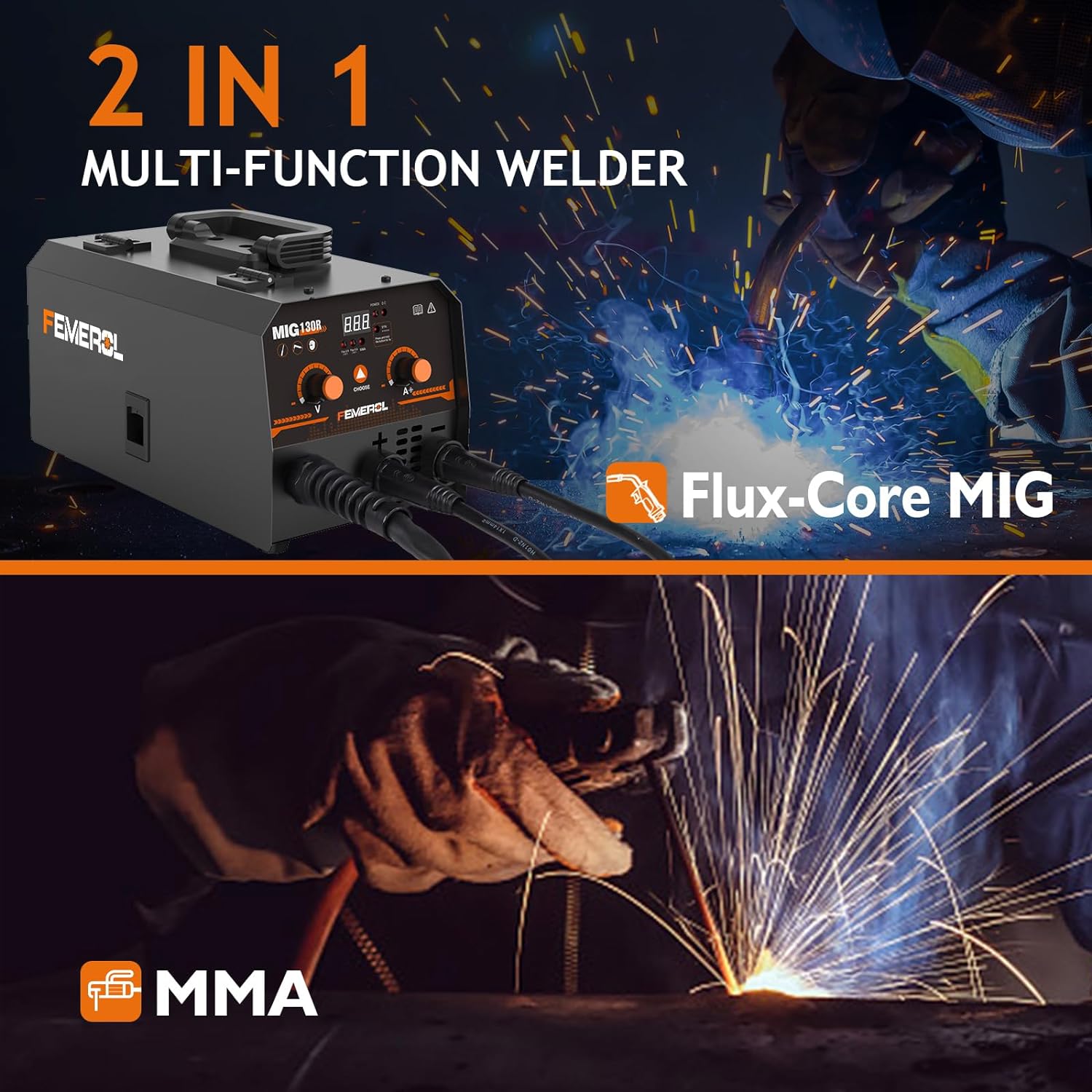 Detalle 2 de FEMEROL MIG Welder 130A 2-in-1 Flux Core / Stick Welder (110V) — Portable, Synergic MIG Inverter