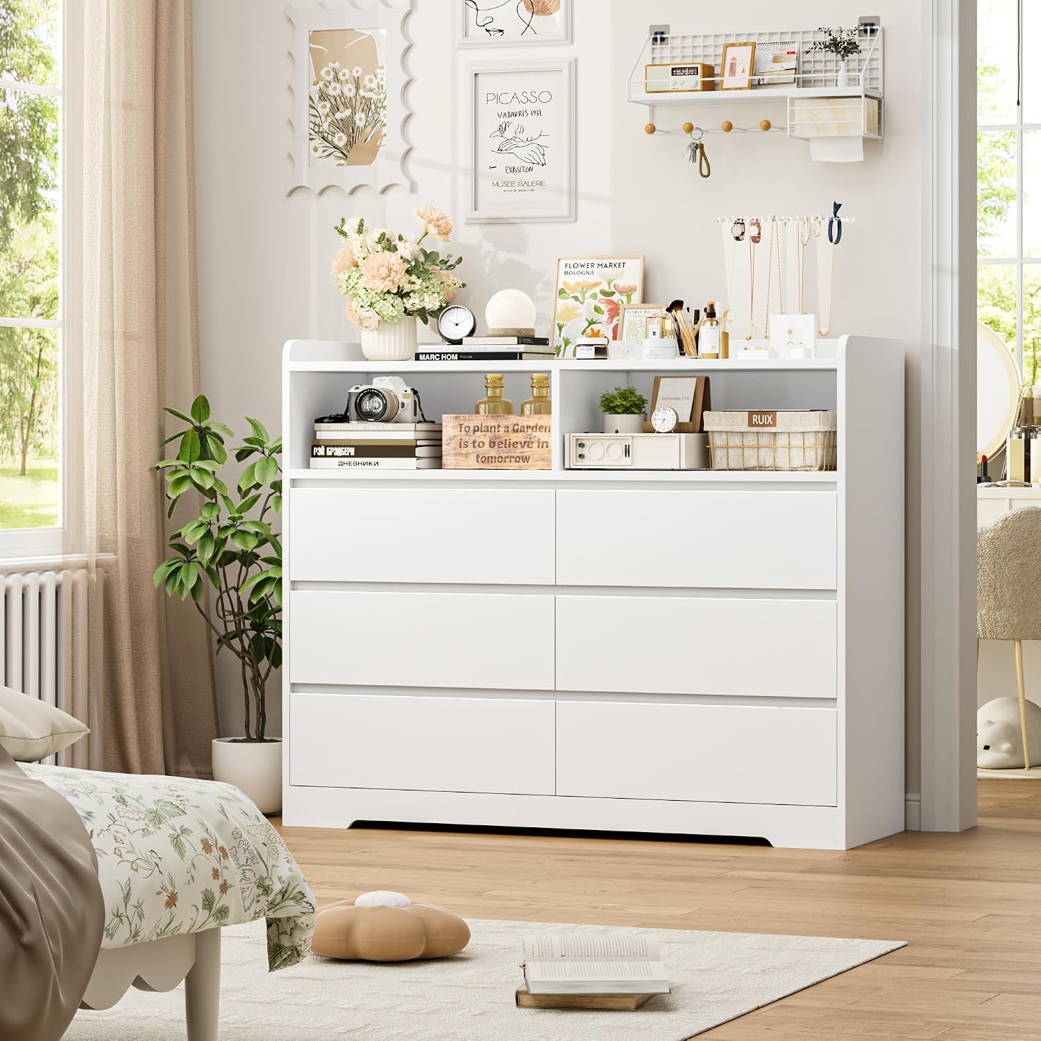 Detalle 2 de FOREHILL P695697 Chest of Drawers, 6 Drawers, 2 Open Compartments, White