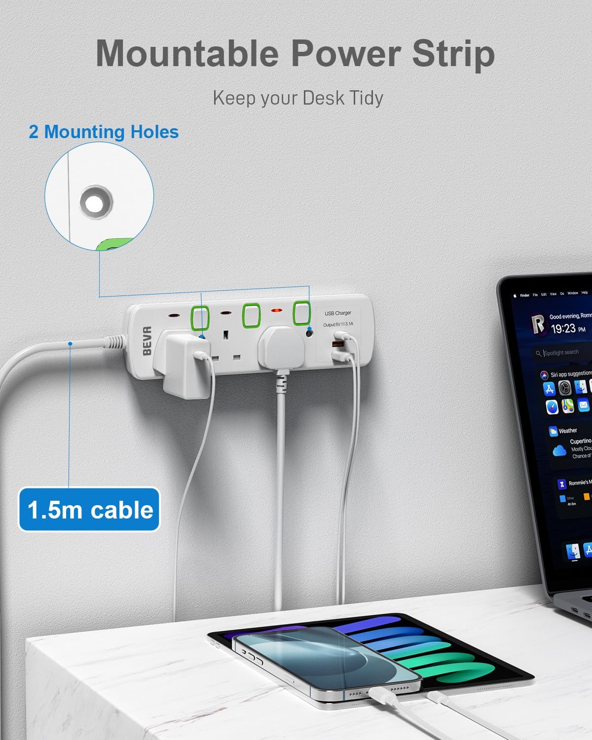 Detalle 2 de BEVA 3-way extension lead with 2 USB-A and 1 USB-C (1.5m cable) with individual switched sockets