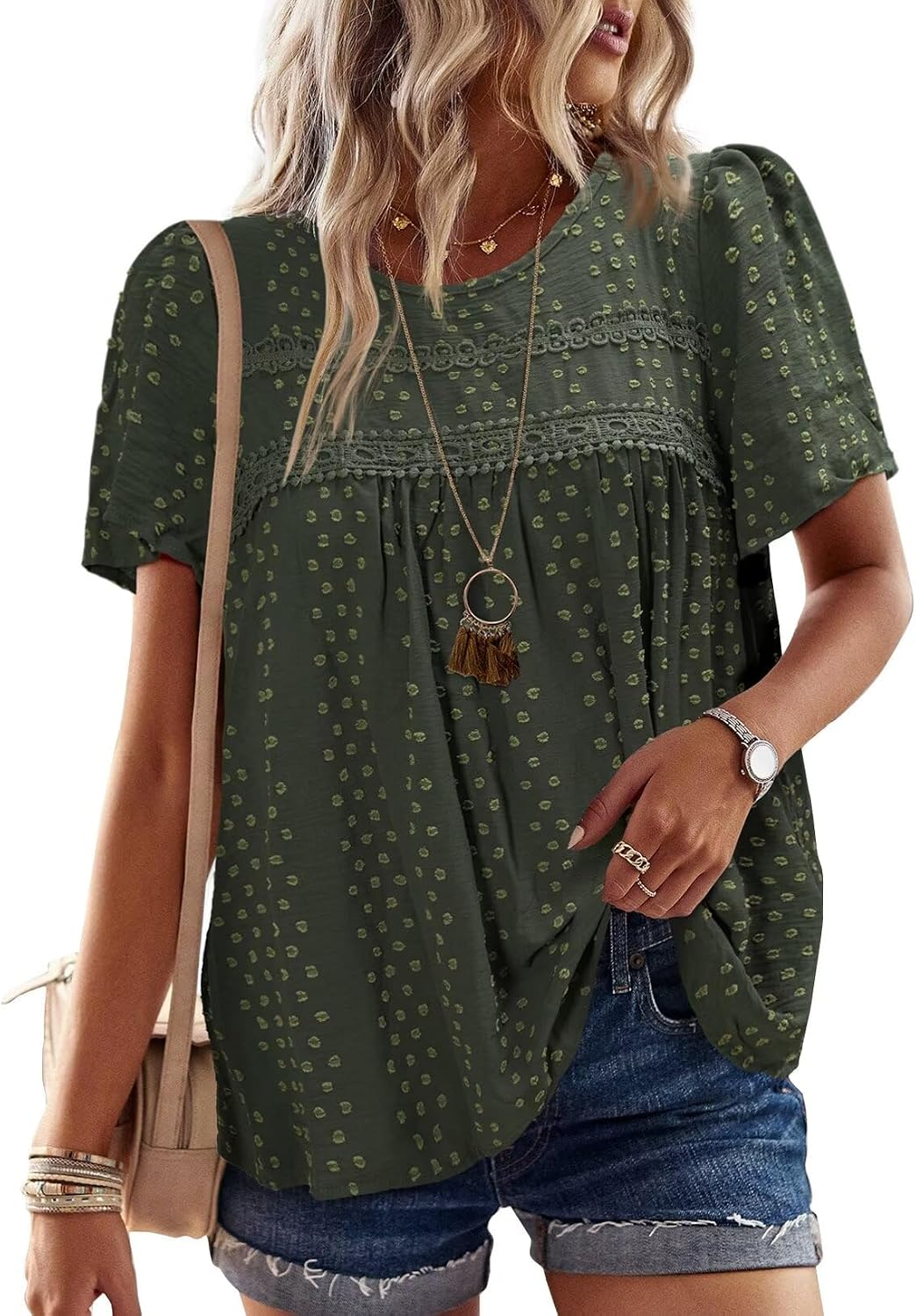 Detalle de Falechay Summer Boho Blouse for Women with Round Neck, Crochet Lace Edges, and Flowy Hem