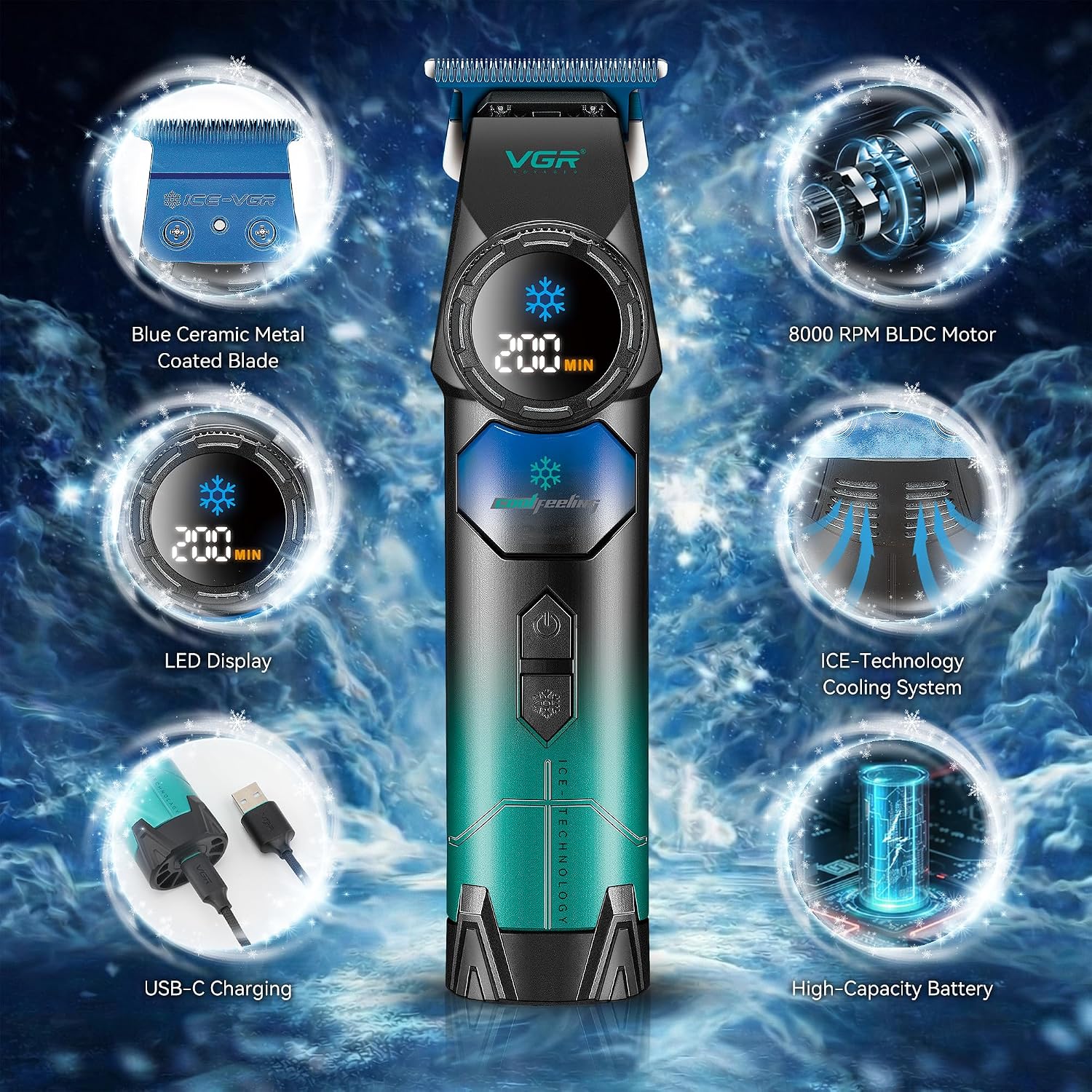 Thumbnail 1 de VGR Beard Trimmer for Men with T-Blade and USB-C Rechargeable Battery