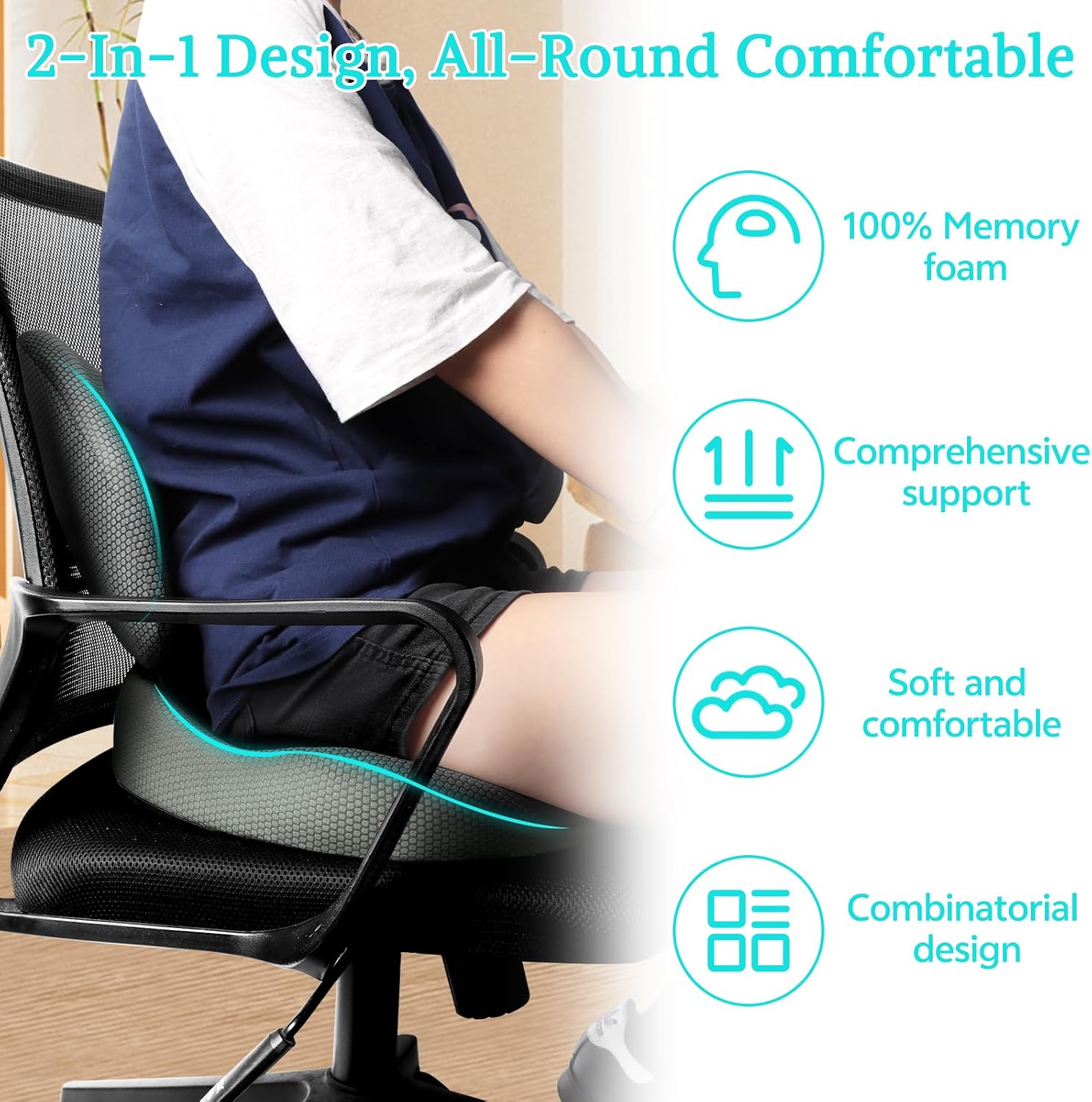 Thumbnail 3 de Suewidfay 2 in 1 Cuscino del Sedile e Supporto Lombare in Memory Foam – Comfort Ergonomico per Ufficio, Auto e Sedie a Rotelle
